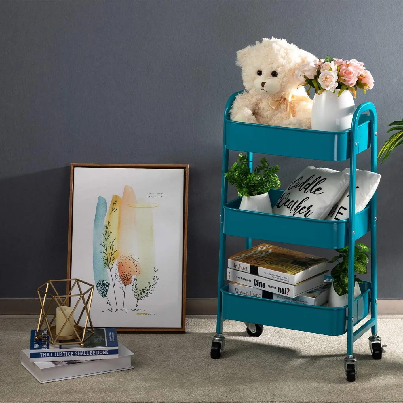 AGTEK Makeup Rolling Cart, 3 Tier Movable Rolling Organizer Storage Trolley Metal Utility Cart, Peacock Blue
