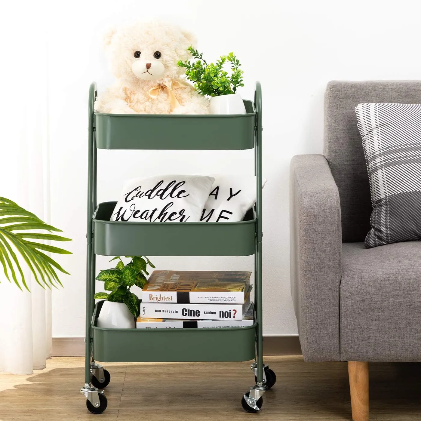 AGTEK Movable Rolling Organizer - 3 Tier Metal Storage Cart, Green