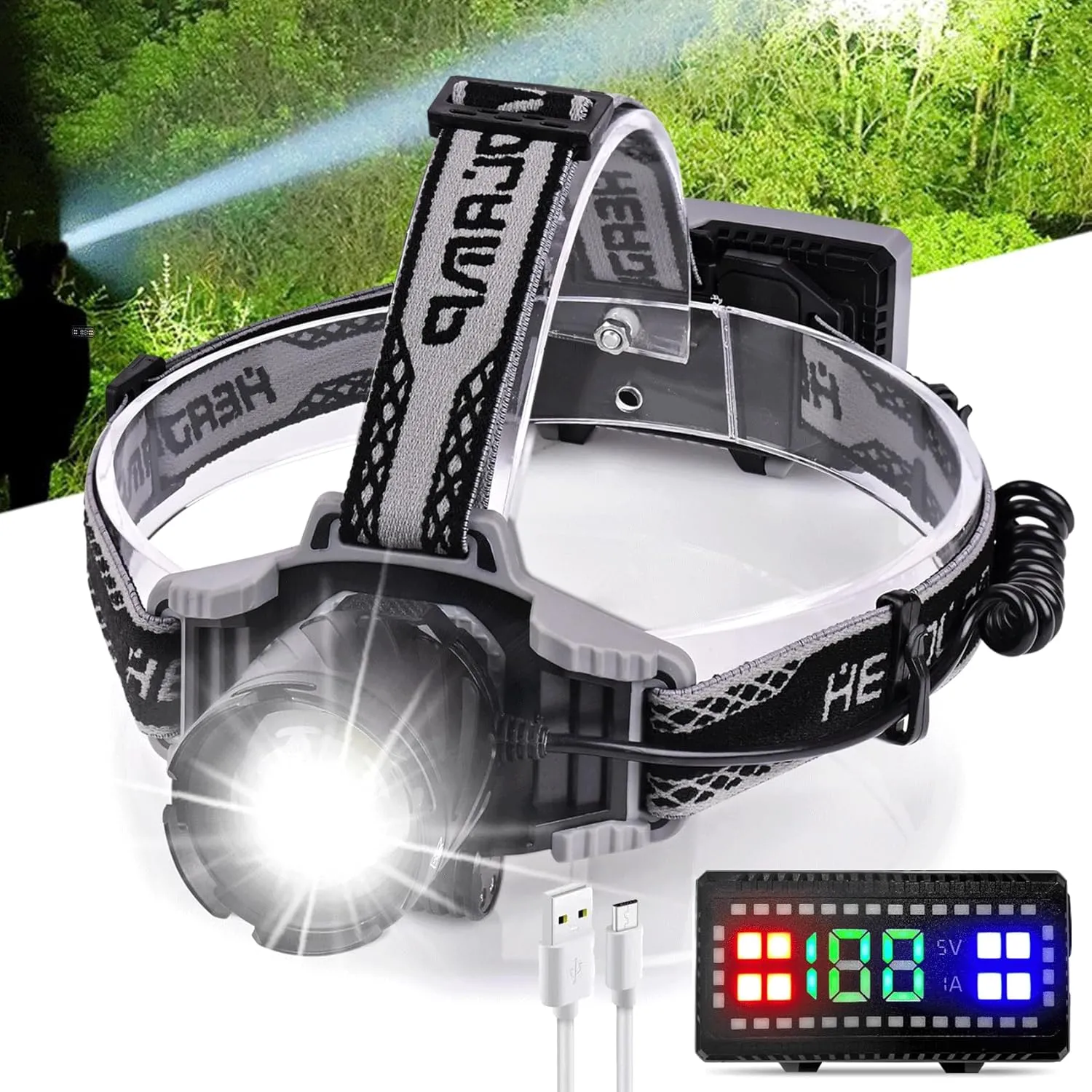 Aikertec Rechargeable Headlamp 1500LM Super Bright, LED Headlamp 80H Runtime, 4 Modes & Zoomable IPX6 Waterproof, Red Light Headlamp for Camping, Fishing, Running