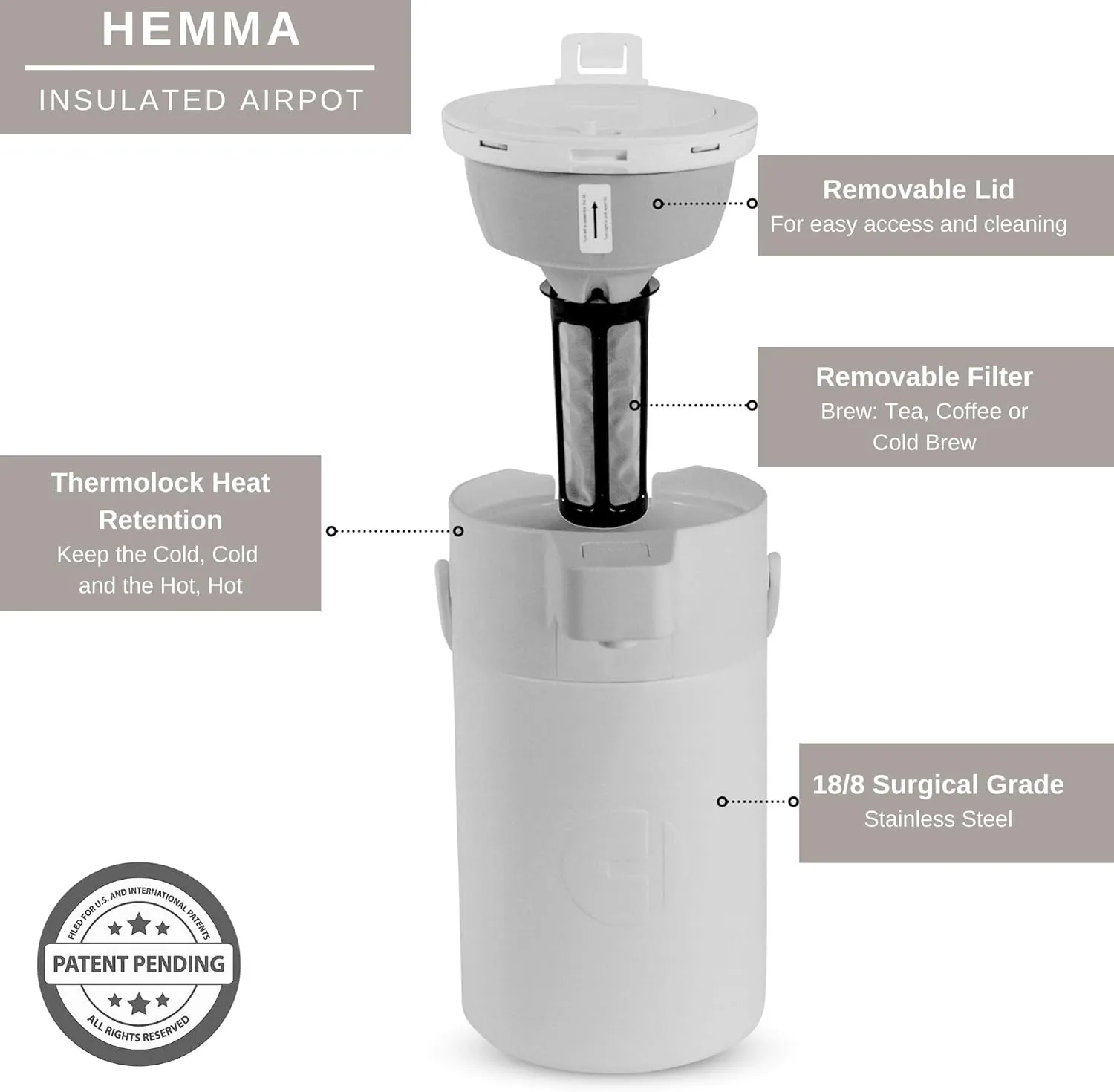 Airpot Coffee Dispenser with Pump 2.5 Liter - Insulated Stainless Steel Thermal Coffee Carafe 12 Hour Hot/24 Hour Cold - Hot Beverage Dispenser for Water Coffee Tea (White)