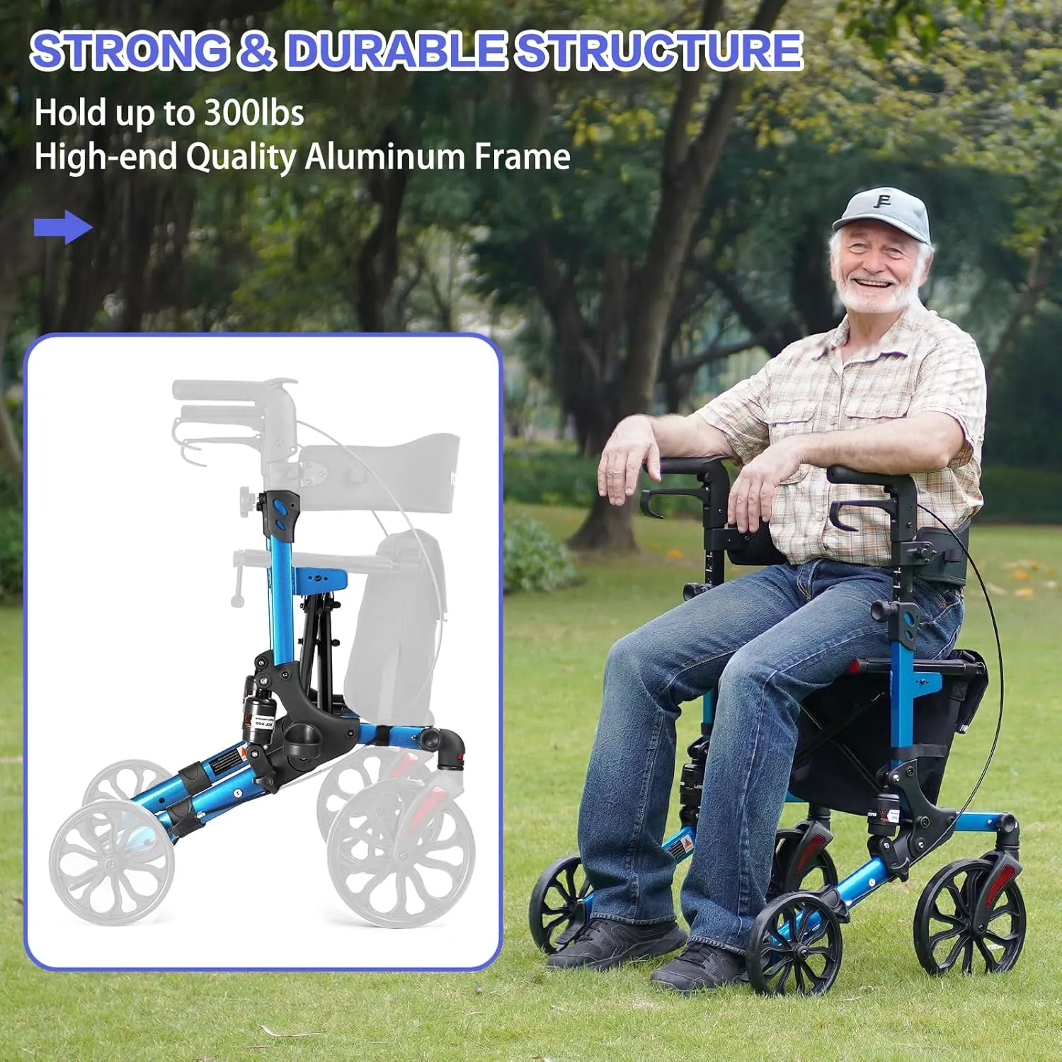 All Terrain Walkers for Seniors, Lightweight Foldable Rollator Walkers with Seat and Brake, Backrest Adjustable Height, 300 lbs Adults Bariatric Rolling Walker 10'' Front and 8'' Rear Wheels
