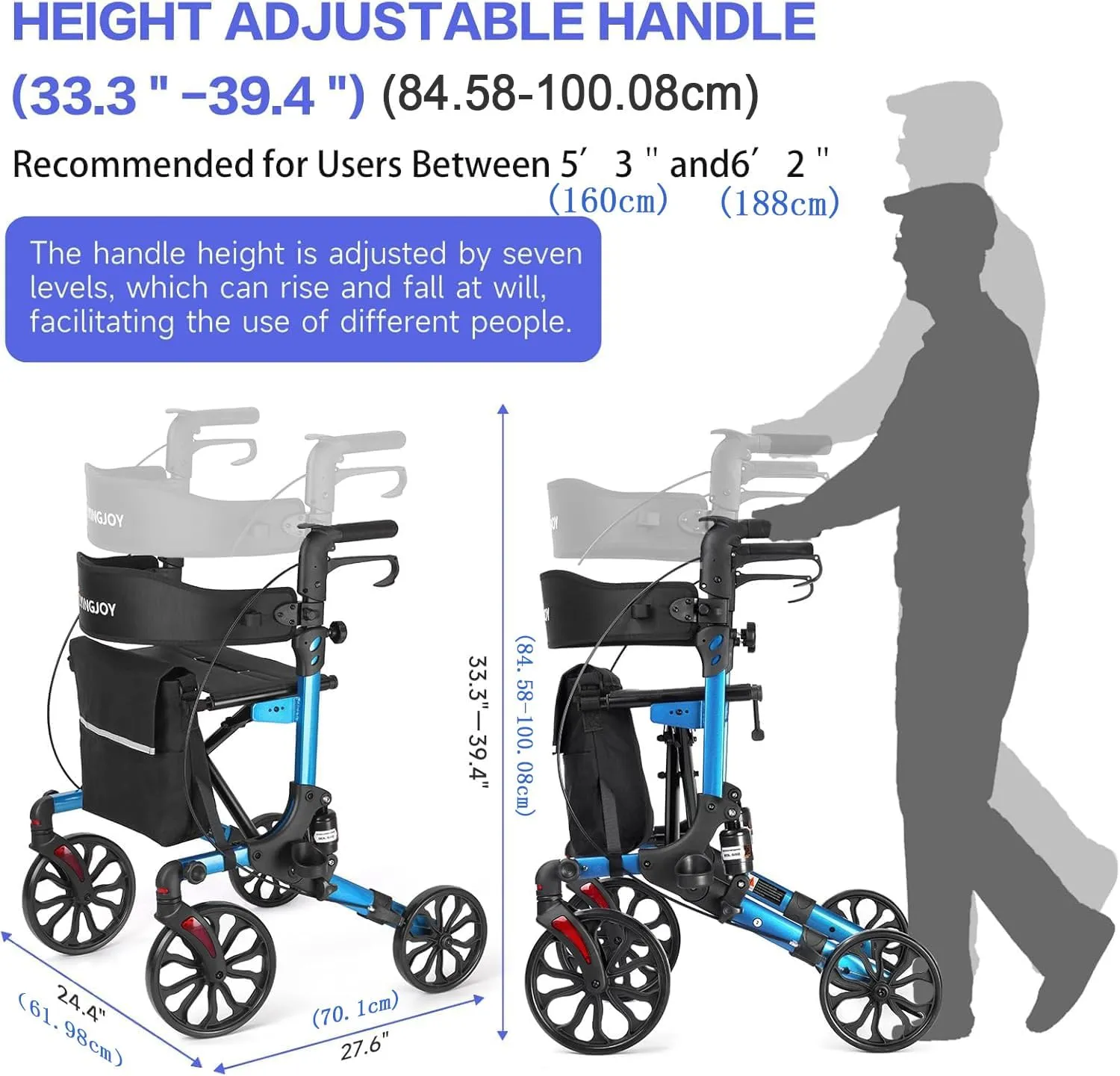 All Terrain Walkers for Seniors, Lightweight Foldable Rollator Walkers with Seat and Brake, Backrest Adjustable Height, 300 lbs Adults Bariatric Rolling Walker 10'' Front and 8'' Rear Wheels