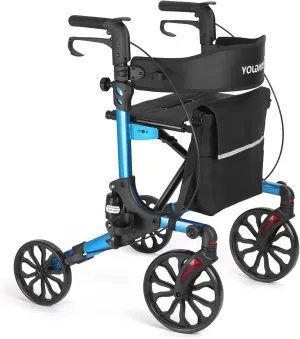 All Terrain Walkers for Seniors, Lightweight Foldable Rollator Walkers with Seat and Brake, Backrest Adjustable Height, 300 lbs Adults Bariatric Rolling Walker 10'' Front and 8'' Rear Wheels