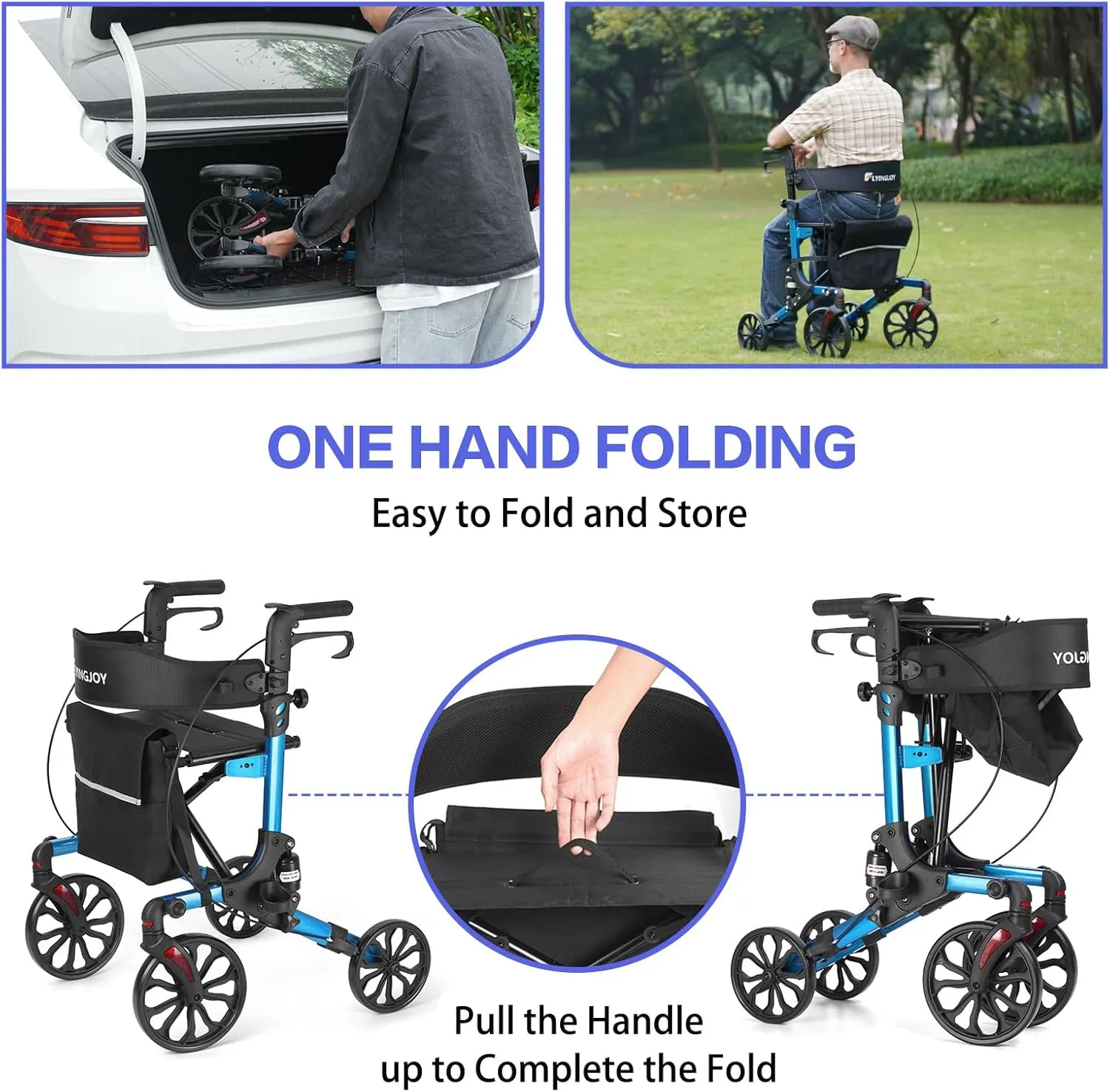 All Terrain Walkers for Seniors, Lightweight Foldable Rollator Walkers with Seat and Brake, Backrest Adjustable Height, 300 lbs Adults Bariatric Rolling Walker 10'' Front and 8'' Rear Wheels