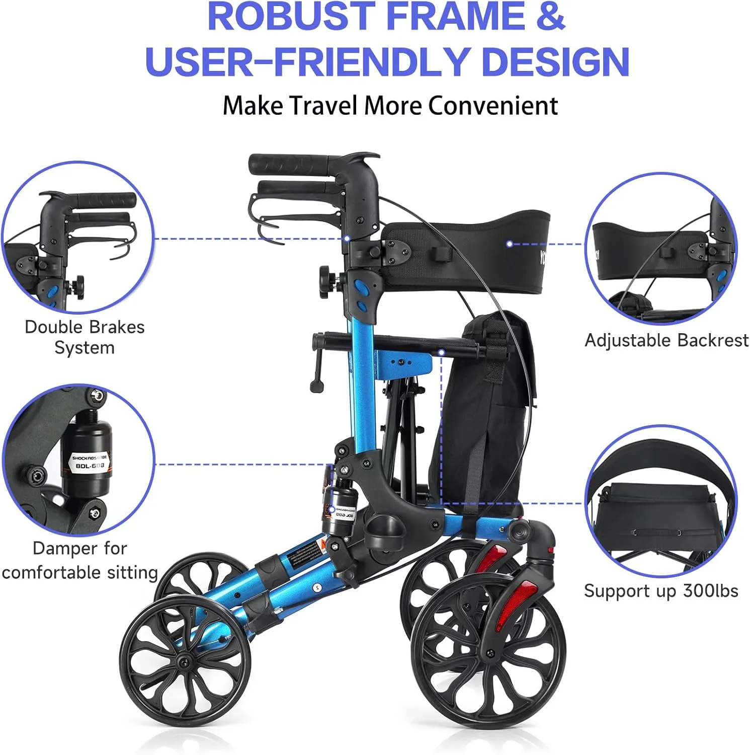 All Terrain Walkers for Seniors, Lightweight Foldable Rollator Walkers with Seat and Brake, Backrest Adjustable Height, 300 lbs Adults Bariatric Rolling Walker 10'' Front and 8'' Rear Wheels