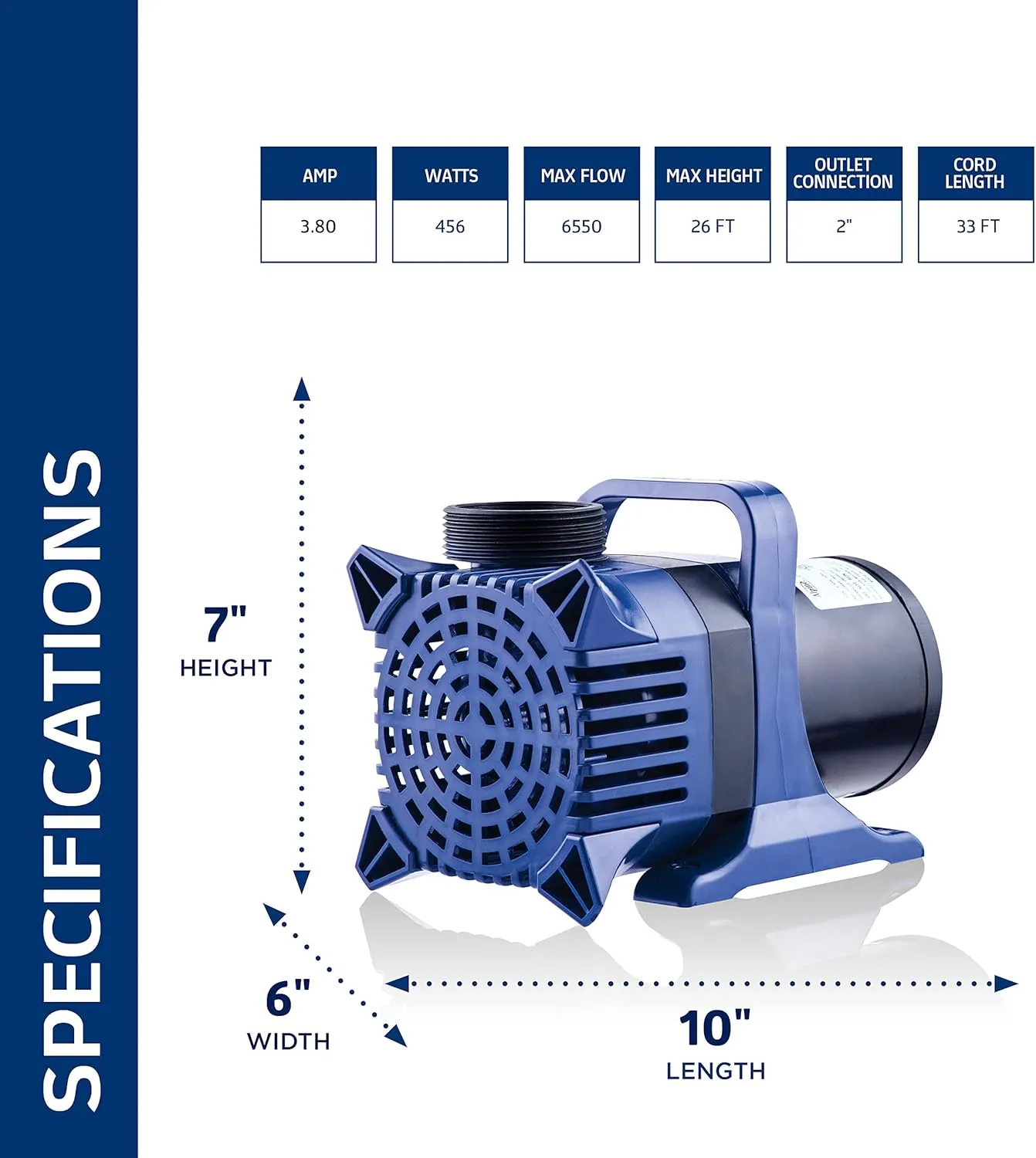Alpine Corporation 6550 GPH Submersible Water Pump with 33 FT Cord and Adapters for Ponds, Fountains, Waterfalls, and Water Circulation, 456 Watts 26 FT Lift Quiet Operation Vertical/Horizontal