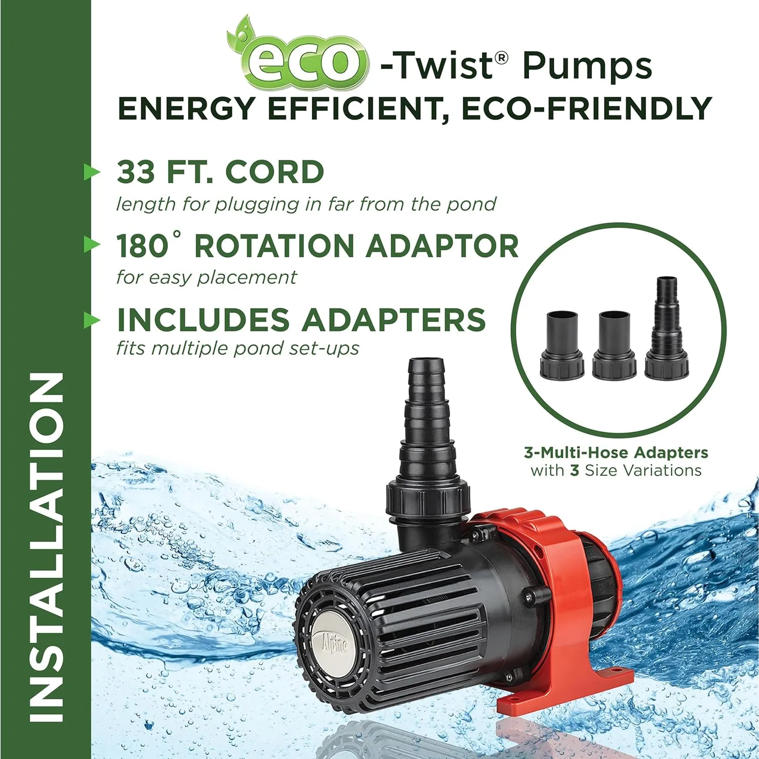 Alpine Corporation Eco-Twist Energy-Saving 3000GPH Pond Pump with 33-ft. Cord