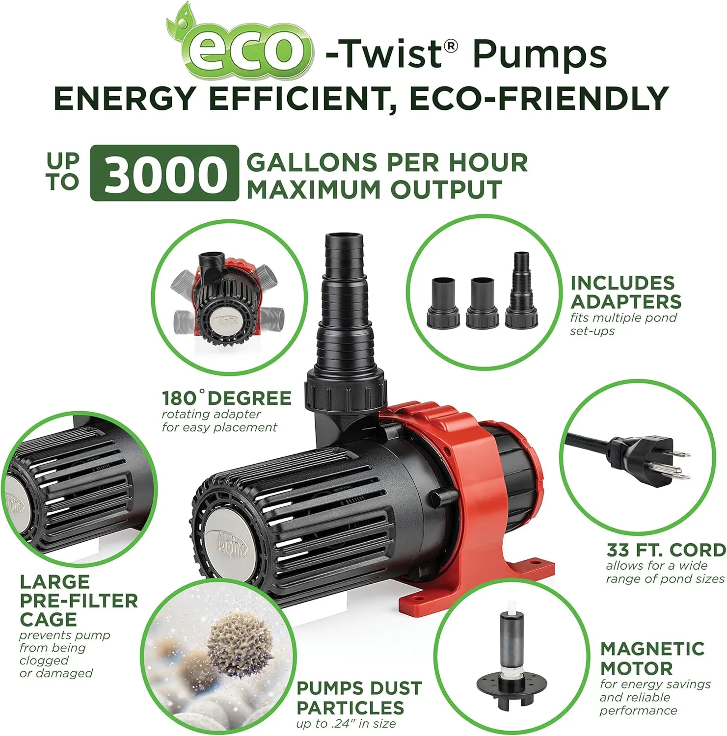 Alpine Corporation Eco-Twist Energy-Saving 3000GPH Pond Pump with 33-ft. Cord
