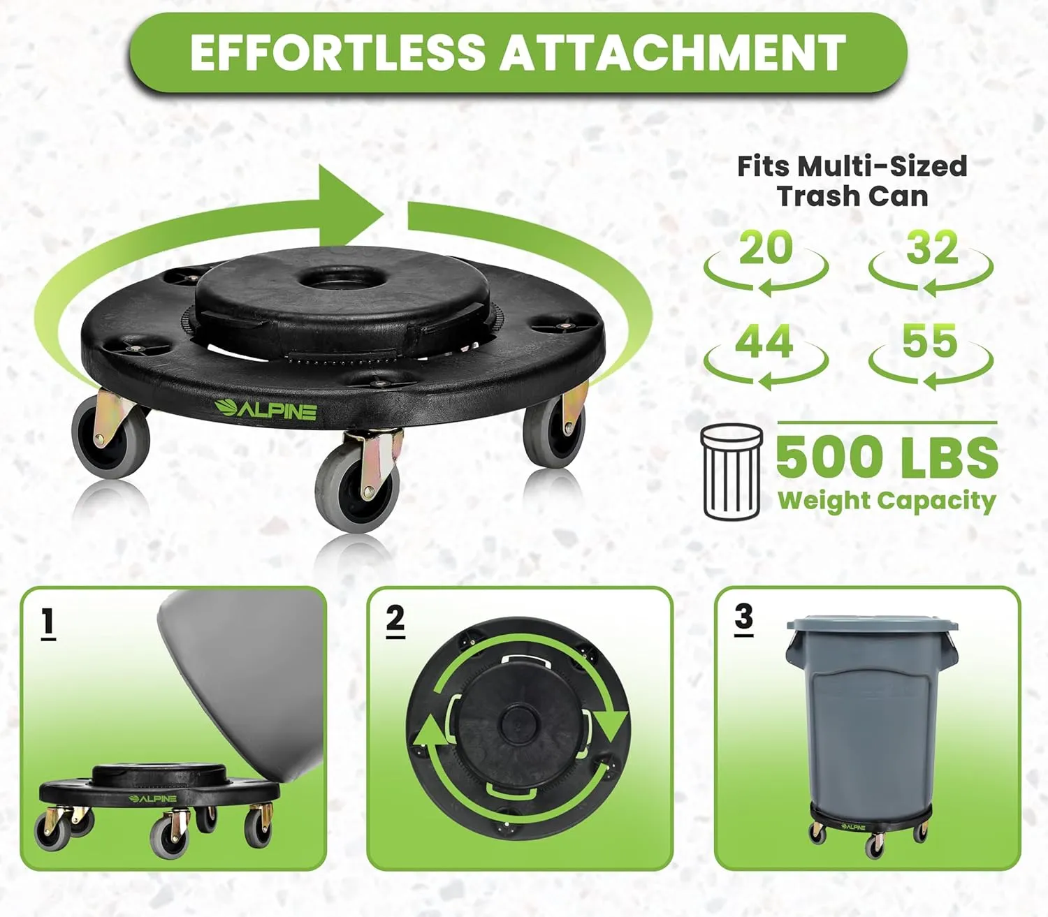 Alpine Rolling Brute Trash Can Dolly - Trash Can Dolly with Wheels/Trash Can Roller Base for Round 20, 32, 44, or 55 Gallon Garbage Bins, Heavy Duty Holds Up to 500lbs (Black)