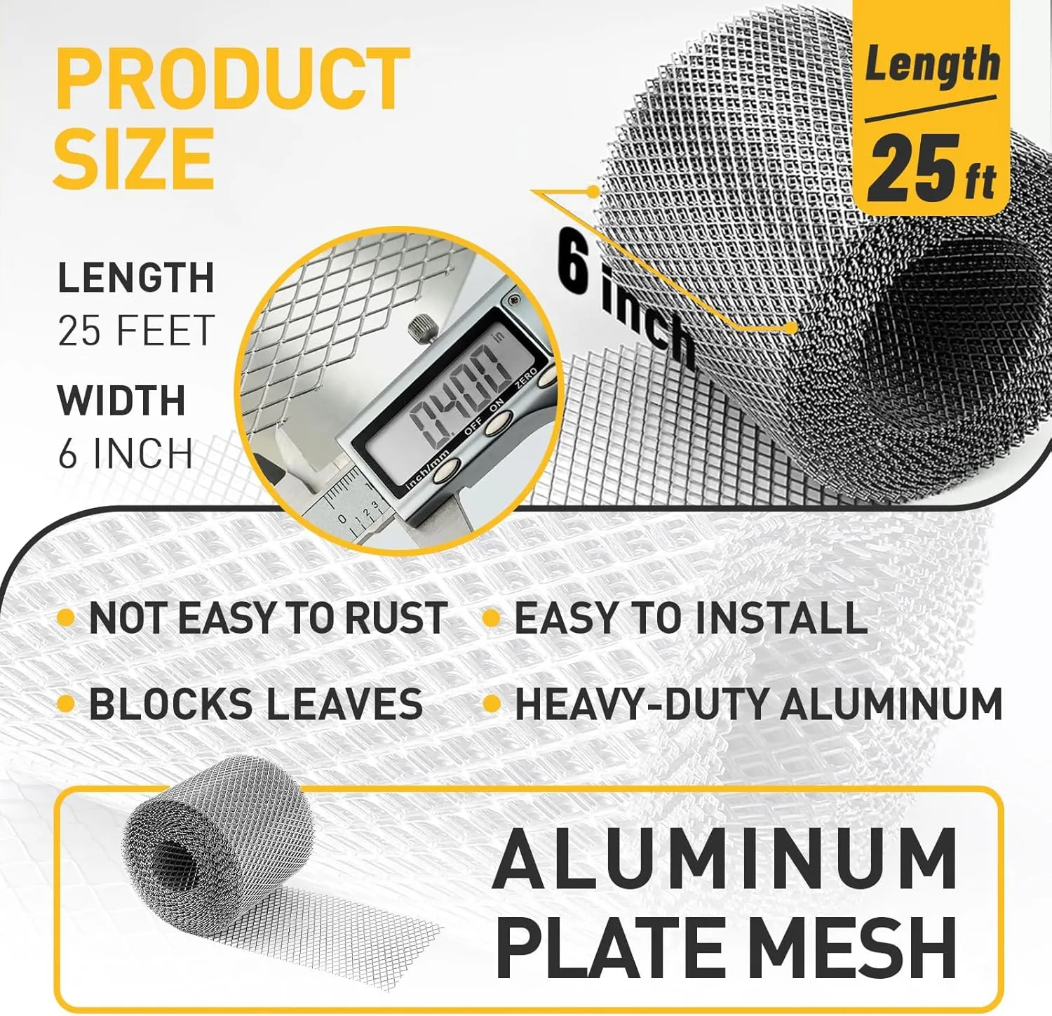 Aluminum Gutter Guard 6 Inch x 25 Feet Roll, Aluminum Leaf Filter Gutter Protection, Leaf Guard Protects from Branches, Leaves, Debris, Easy Install, Does Not Rust
