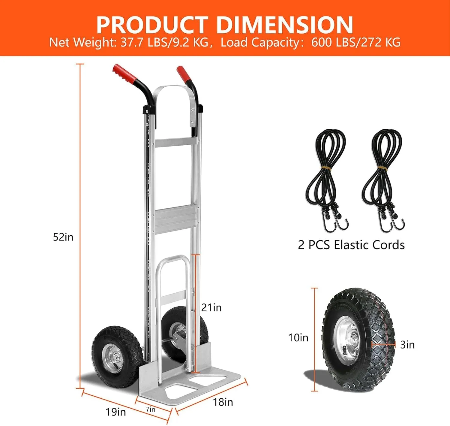 Aluminum Hand Truck 600 LBS Capacity, Handle Heavy Duty Industrial Dolly with 10" Pneumatic Tire and 2 Elastic Cords, Platform Cart for Transport and Moving in Home, Office, Warehouse, Supermarket