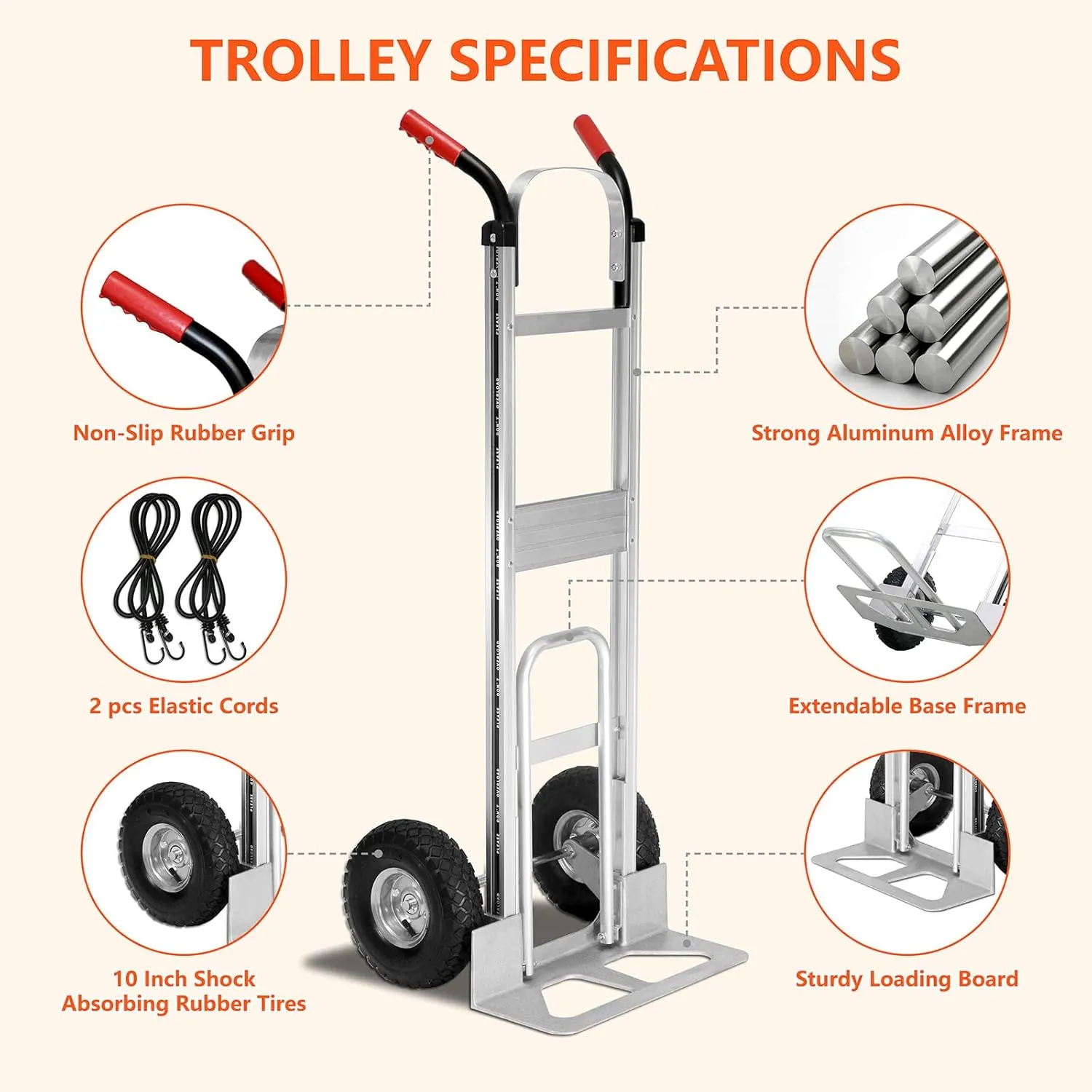 Aluminum Hand Truck 600 LBS Capacity, Handle Heavy Duty Industrial Dolly with 10" Pneumatic Tire and 2 Elastic Cords, Platform Cart for Transport and Moving in Home, Office, Warehouse, Supermarket