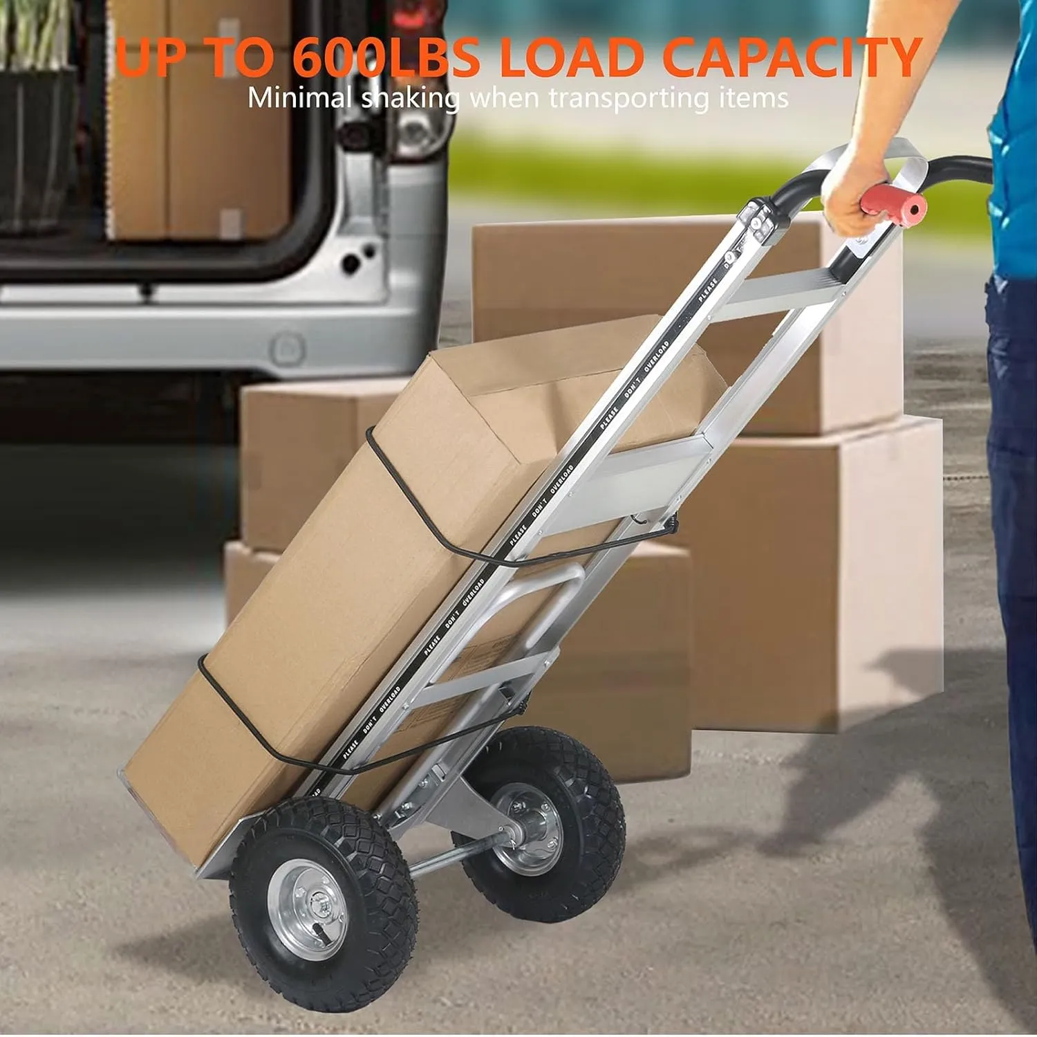 Aluminum Hand Truck 600 LBS Capacity, Handle Heavy Duty Industrial Dolly with 10" Pneumatic Tire and 2 Elastic Cords, Platform Cart for Transport and Moving in Home, Office, Warehouse, Supermarket