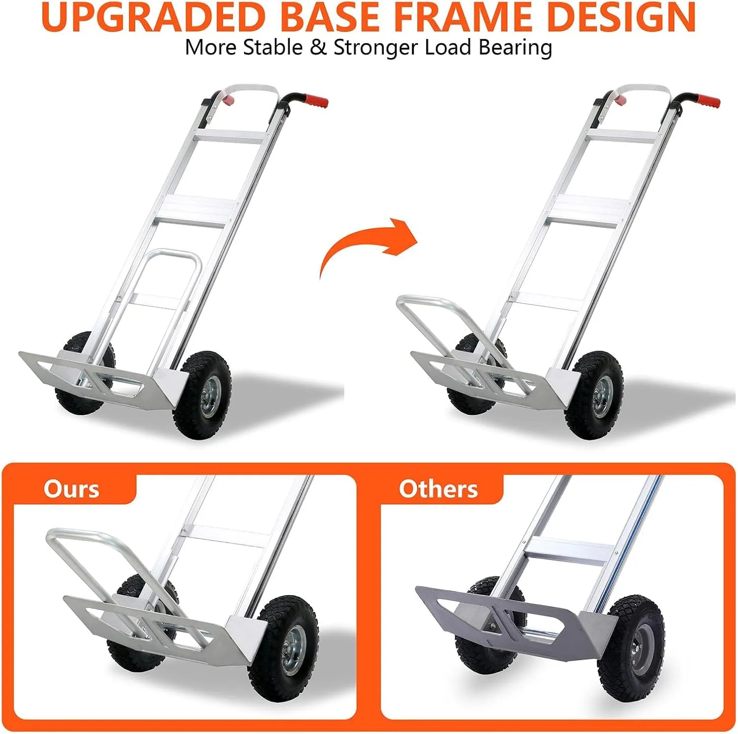 Aluminum Hand Truck 600 LBS Capacity, Handle Heavy Duty Industrial Dolly with 10" Pneumatic Tire and 2 Elastic Cords, Platform Cart for Transport and Moving in Home, Office, Warehouse, Supermarket