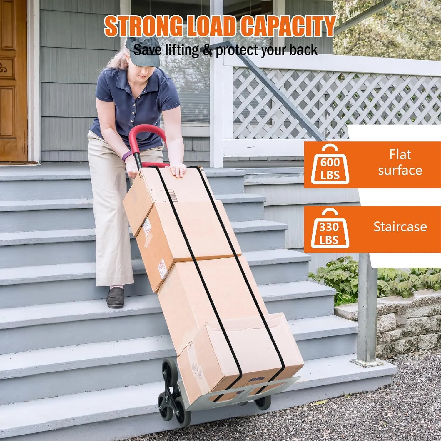 Aluminum Stair Climbing Cart, 600 lbs Capacity Stair Climber Hand Truck Dolly, 2 in 1 Heavy-Duty Trolley Cart with Dual Handles, 6 Wheels & 2 Elastic Ropes for Home Shopping Moving Warehouse