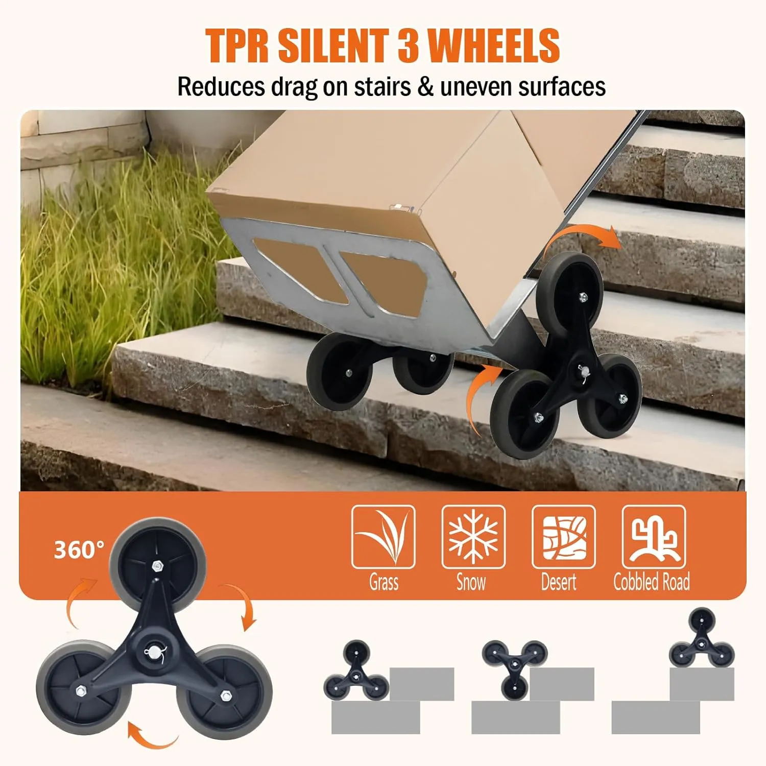 Aluminum Stair Climbing Cart, 600 lbs Capacity Stair Climber Hand Truck Dolly, 2 in 1 Heavy-Duty Trolley Cart with Dual Handles, 6 Wheels & 2 Elastic Ropes for Home Shopping Moving Warehouse