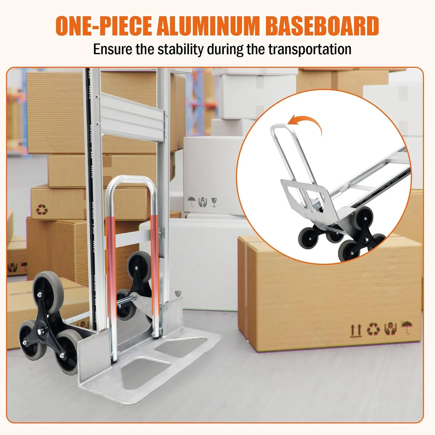 Aluminum Stair Climbing Cart, 600 lbs Capacity Stair Climber Hand Truck Dolly, 2 in 1 Heavy-Duty Trolley Cart with Dual Handles, 6 Wheels & 2 Elastic Ropes for Home Shopping Moving Warehouse