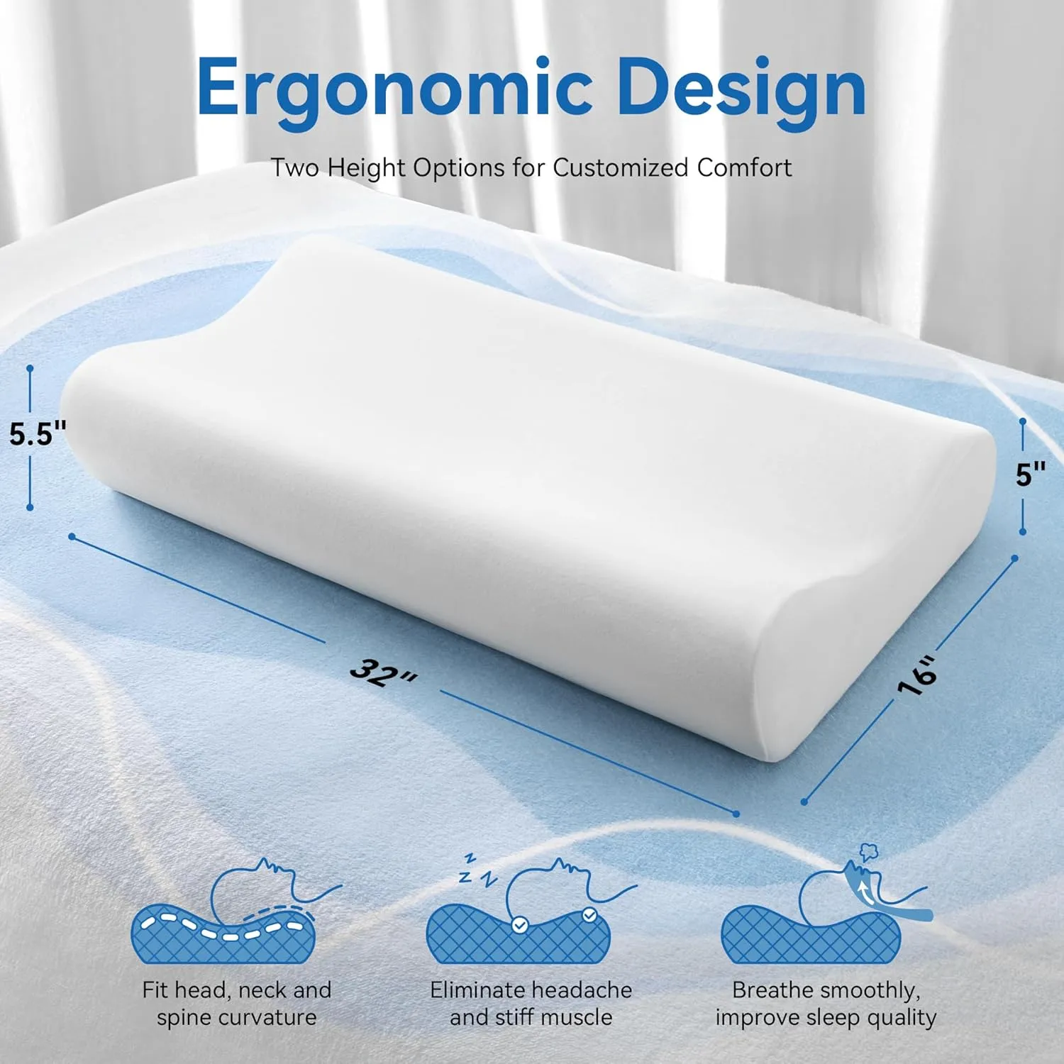 AM AEROMAX 32" King Size Contour Memory Foam Pillow, Neck Pillow for Neck Pain Relief, Neck Orthopedic Sleeping Pillows for Side, Back and Stomach Sleepers(White,Velvet)