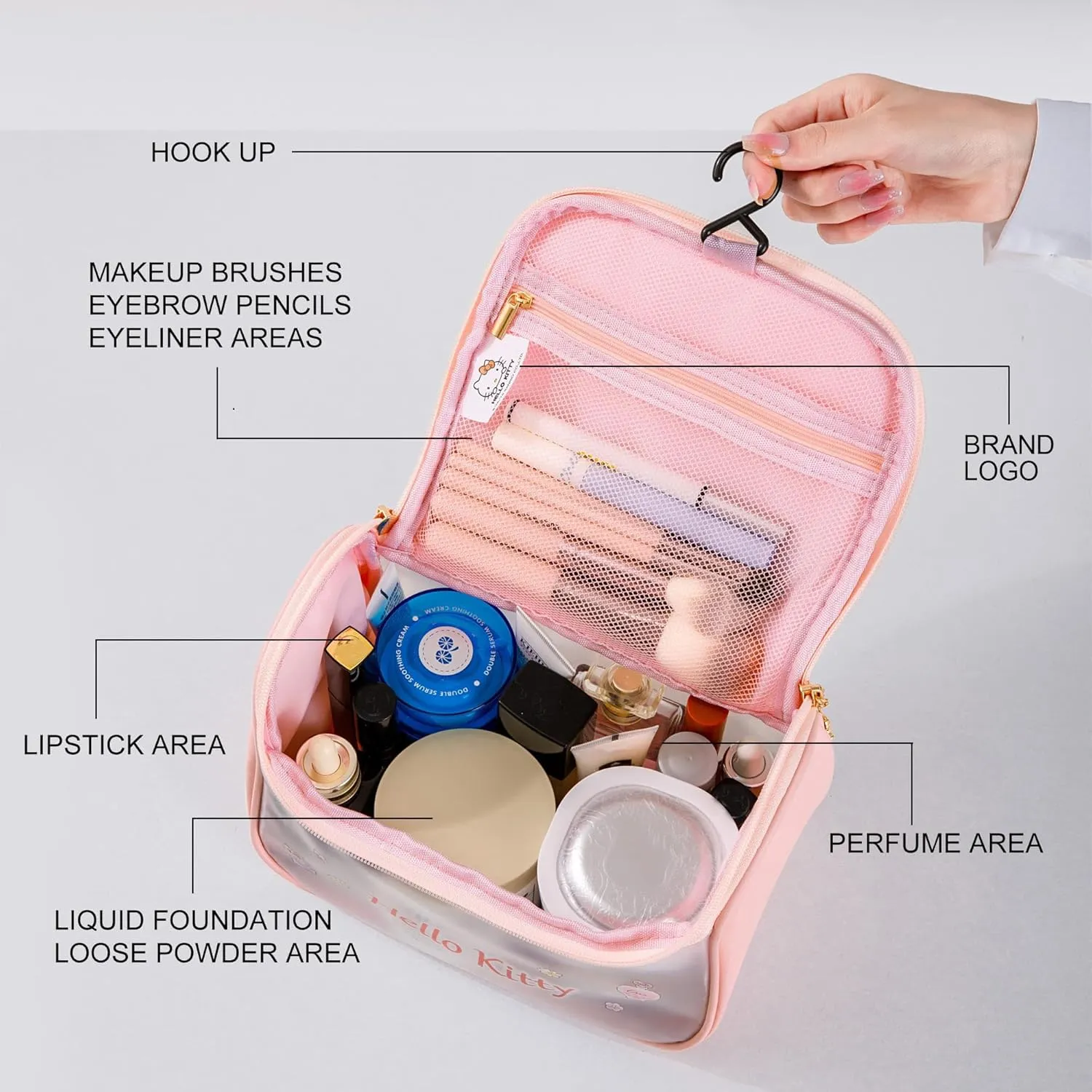 AmBealla Cosmetic Bag Large Makeup Travel Case with Brush Holder, Waterproof Makeup Bag Organizer with Hanging Hook, Travel Toiletry Bag for Women, Sweet & Stylish for Girls