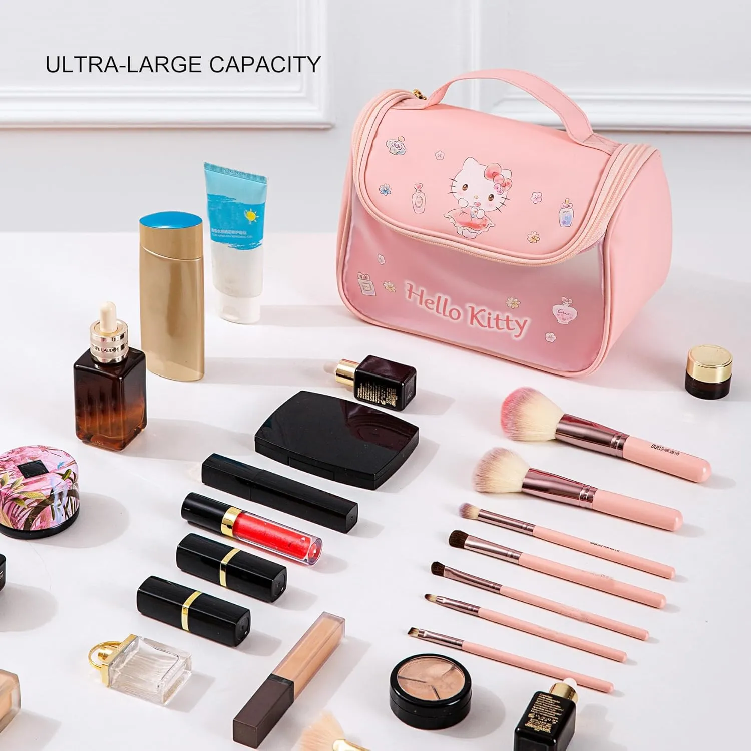 AmBealla Cosmetic Bag Large Makeup Travel Case with Brush Holder, Waterproof Makeup Bag Organizer with Hanging Hook, Travel Toiletry Bag for Women, Sweet & Stylish for Girls
