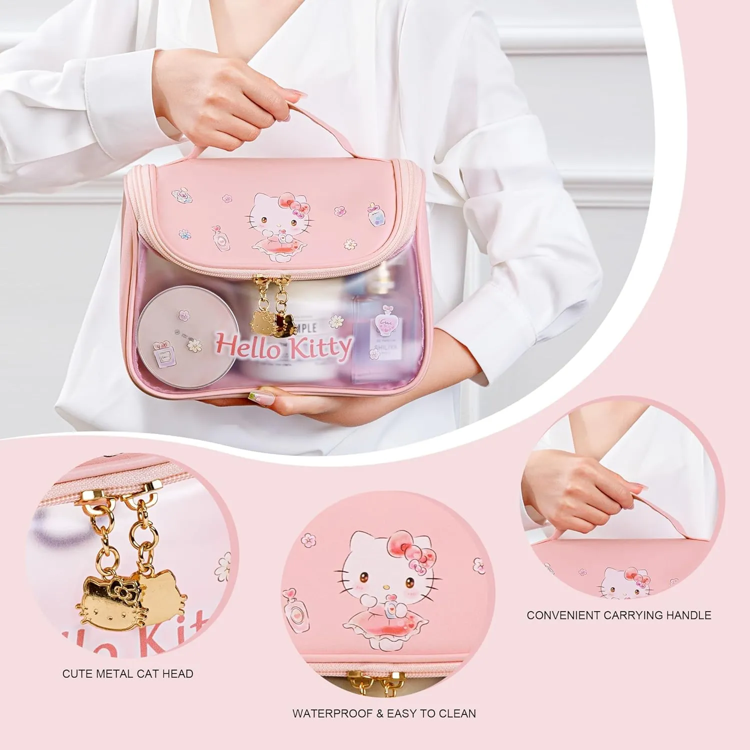 AmBealla Cosmetic Bag Large Makeup Travel Case with Brush Holder, Waterproof Makeup Bag Organizer with Hanging Hook, Travel Toiletry Bag for Women, Sweet & Stylish for Girls