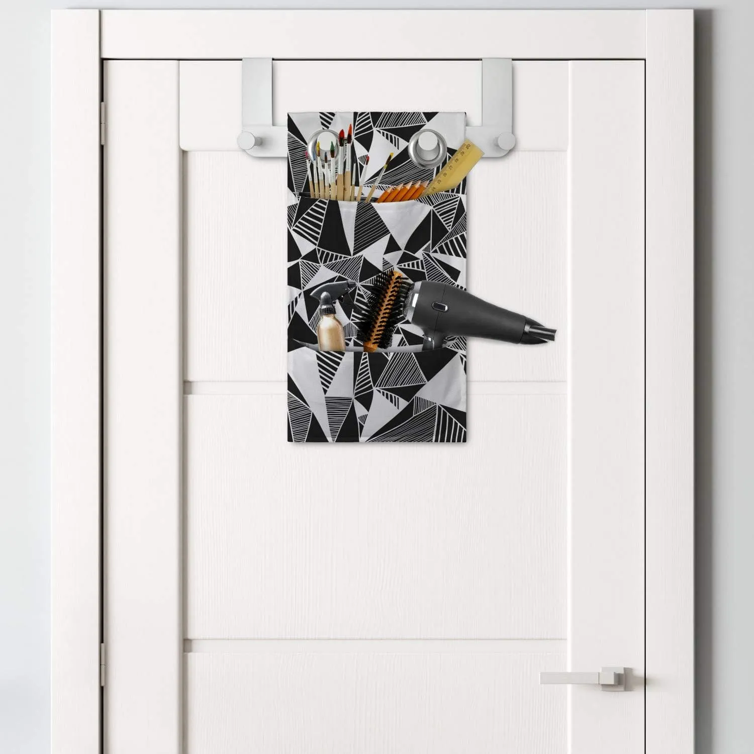 Ambesonne Abstract Hanging Pocket Organizer, Modern Monochrome Fractal Geometry Theme with Triangle Tiles Repeat in Rhythm, Printed Polyester Storage Bag with Pockets, 9" x 16", Black and White
