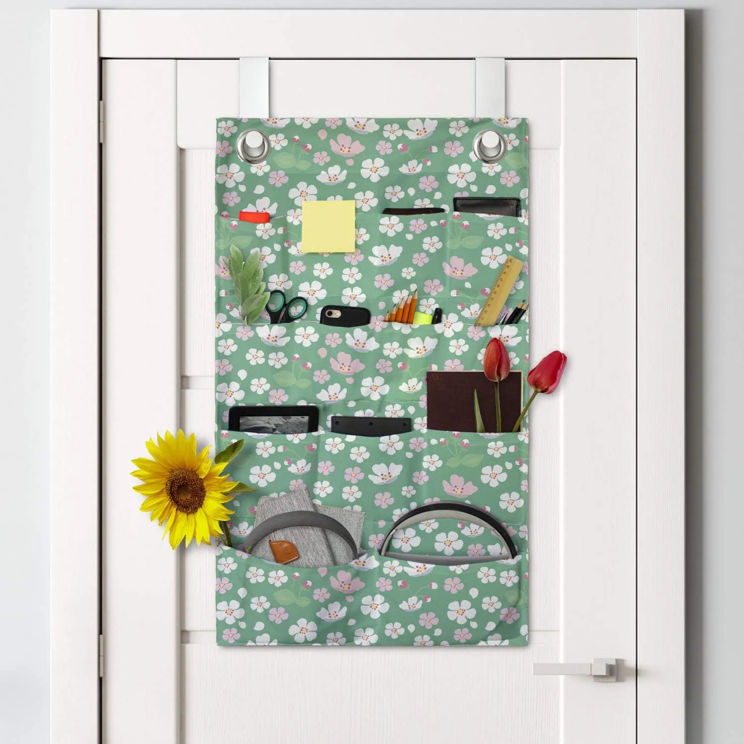 Ambesonne Cherry Blossom Hanging Pocket Organizer, Downward Sloping Cherry Blossom Petals on a Greenery Background, Printed Polyester Storage Bag with Pockets, 21" x 31", Rose and Sea Green