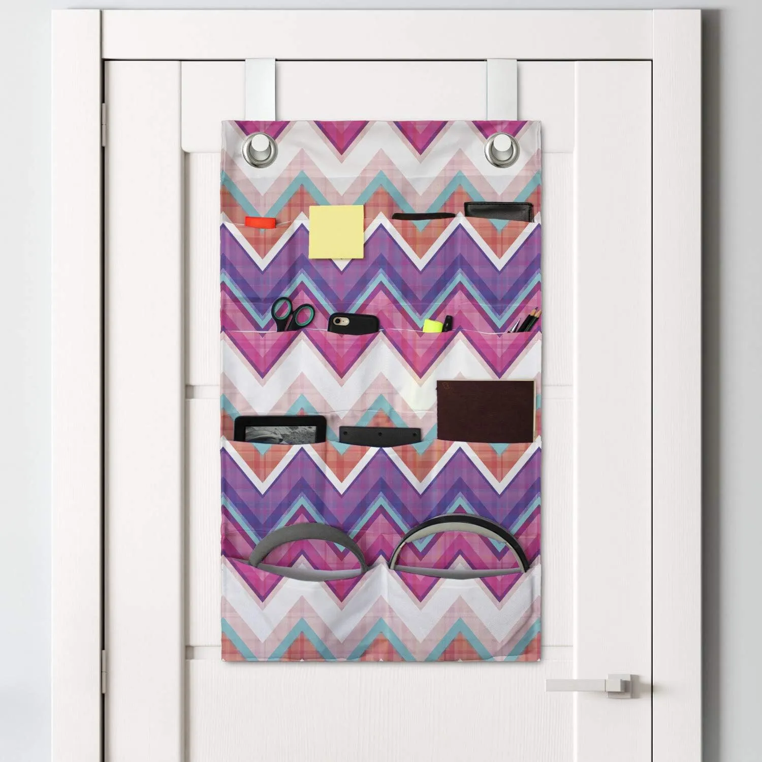 Ambesonne Chevron Hanging Pocket Organizer, Chevron Motifs Colorful Design with Variable Angles Parallel Lines Groovy Art, Printed Polyester Storage Bag with Pockets, 21" x 31", Multicolor