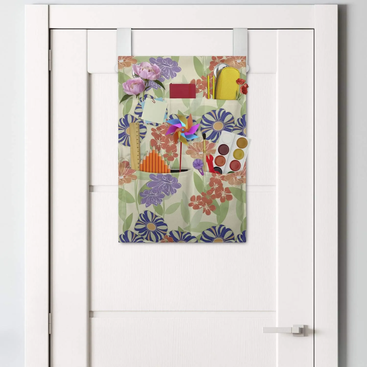 Ambesonne Floral Hanging Pocket Organizer, Doodle Interpretation of Blossoming Summer Flowers, Printed Polyester Storage Bag with Pockets, 14" x 20", Multicolor