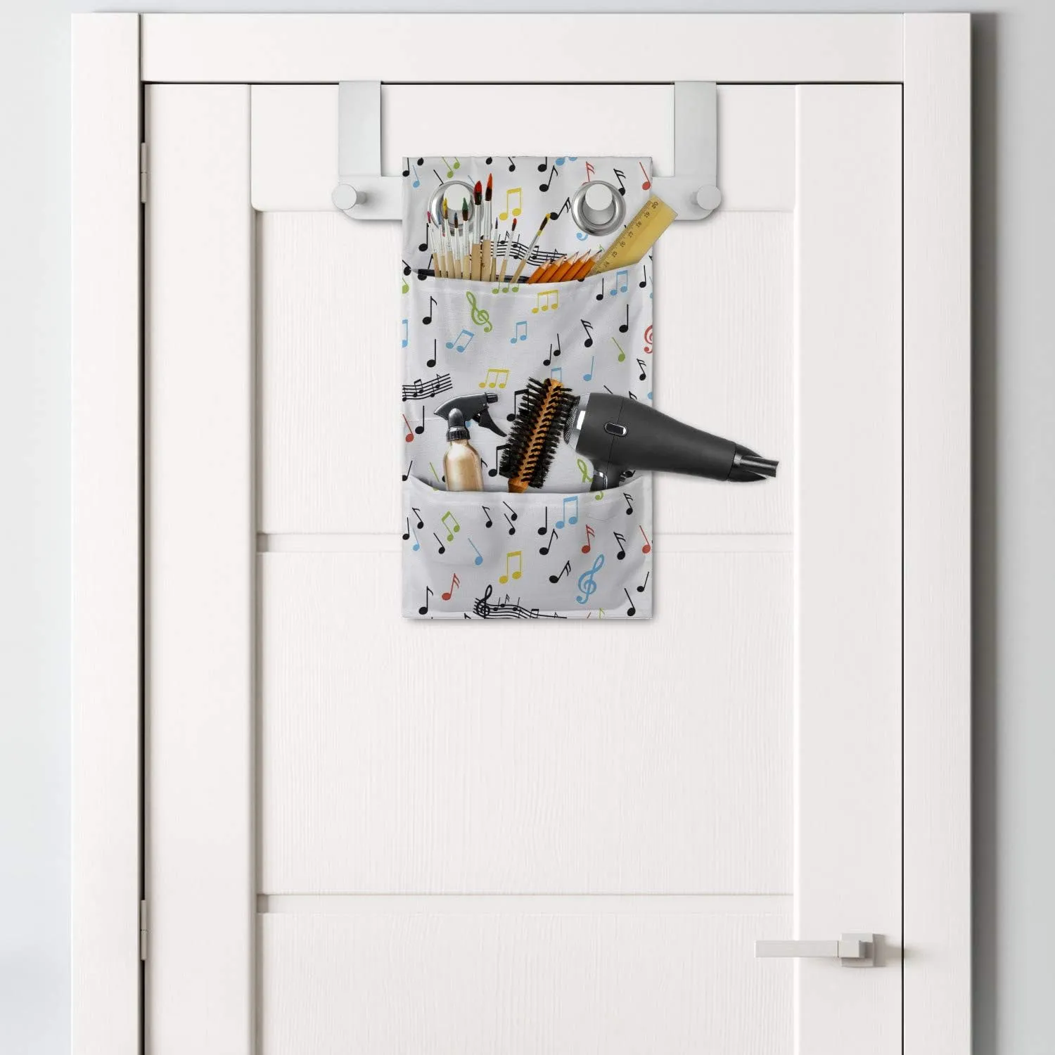 Ambesonne Music Hanging Pocket Organizer, Symbolic Music Notes Joy Vibes Pitch Beat Rhythm Sound Sonic Timbre Design, Printed Polyester Storage Bag with Pockets, 9" x 16", Multicolor