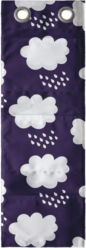 Ambesonne Rain Hanging Pocket Organizer, Cumulus Style Puffy Clouds Participating White Droplets Repeating Pattern, Printed Polyester Storage Bag with Pockets, 9" x 27", Dark Purple and White
