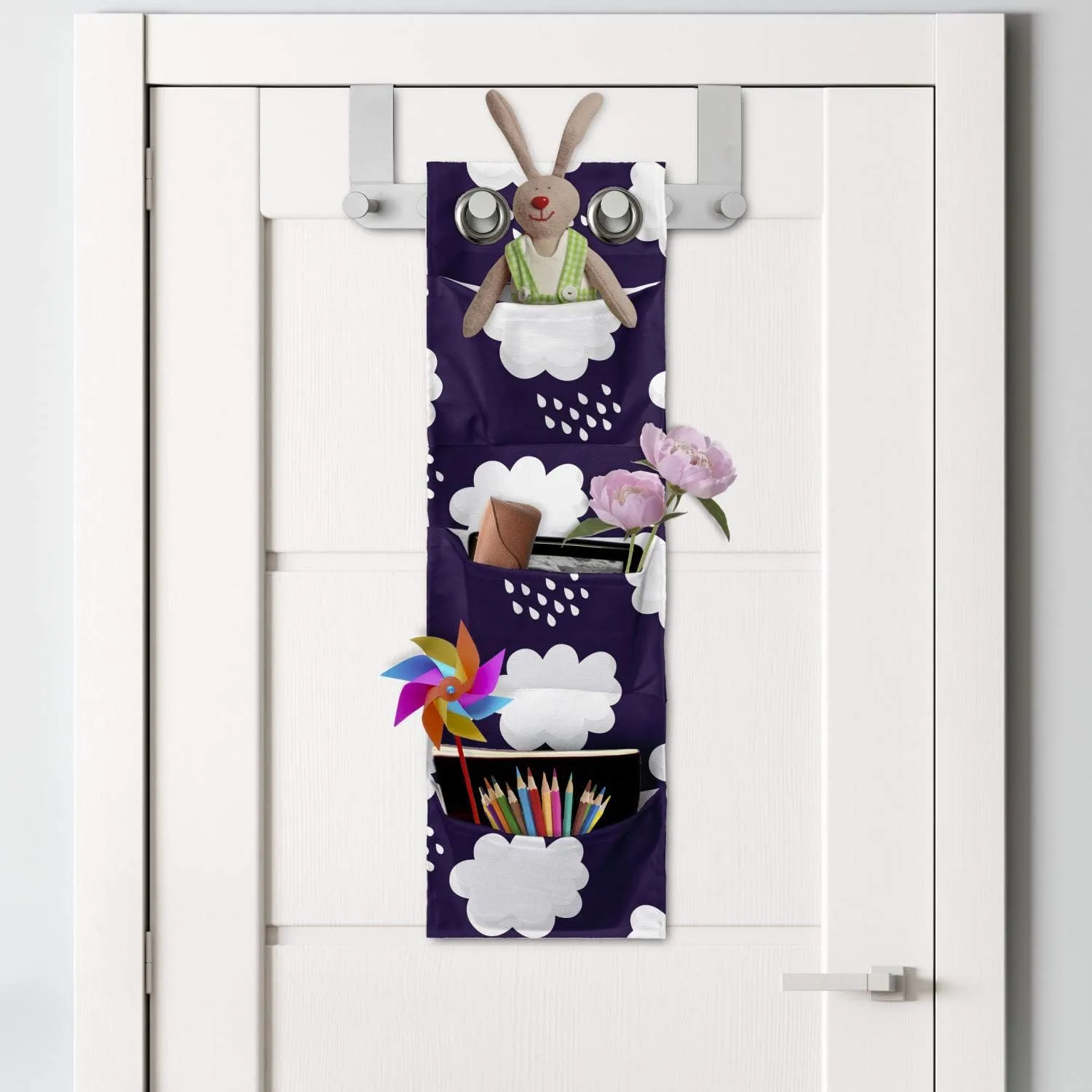 Ambesonne Rain Hanging Pocket Organizer, Cumulus Style Puffy Clouds Participating White Droplets Repeating Pattern, Printed Polyester Storage Bag with Pockets, 9" x 27", Dark Purple and White