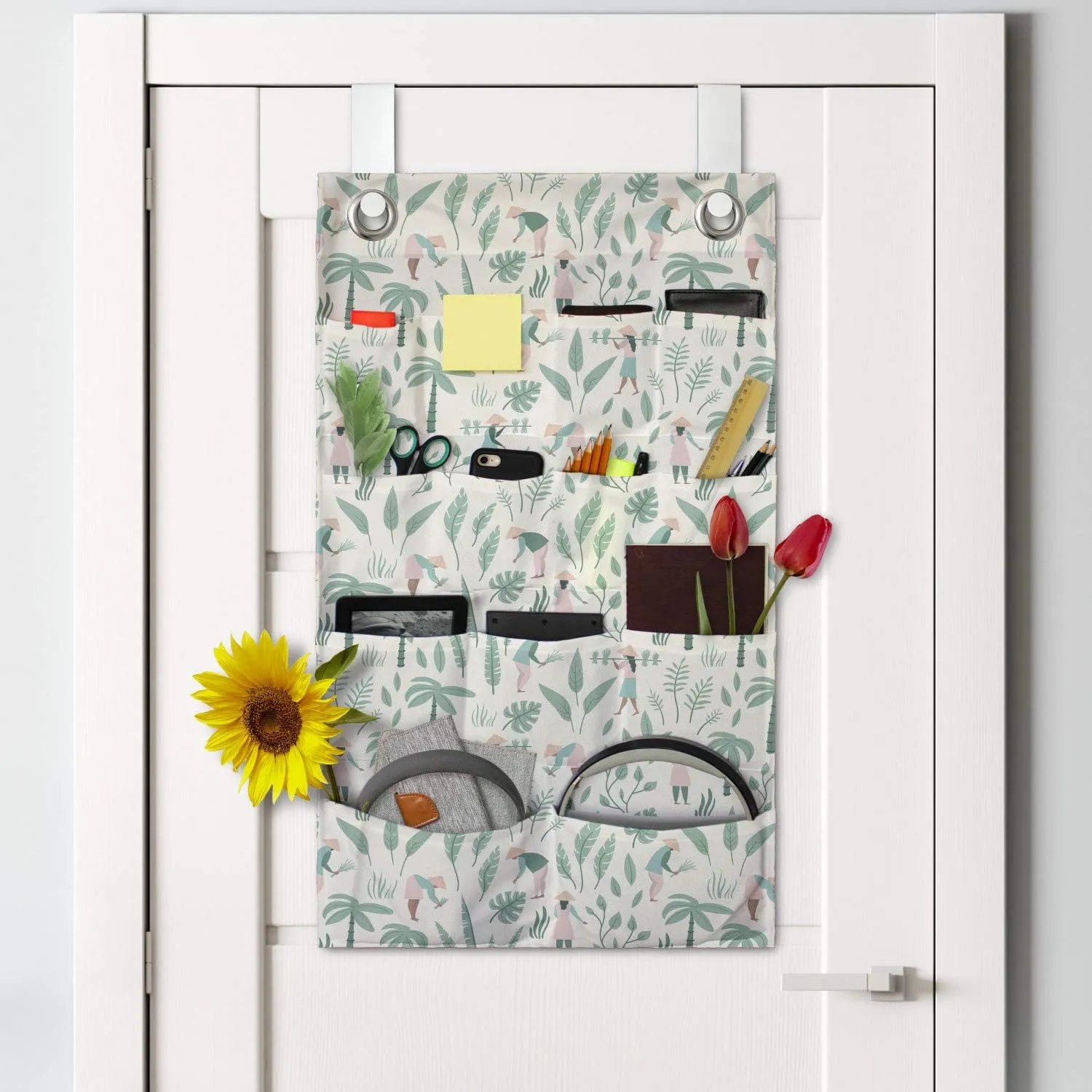 Ambesonne Rural Hanging Pocket Organizer, Vietnamese People in The Rainforest Palm Trees Exotic Jungle Foliage Travel, Printed Polyester Storage Bag with Pockets, 21" x 31", Seafoam Rose Ivory