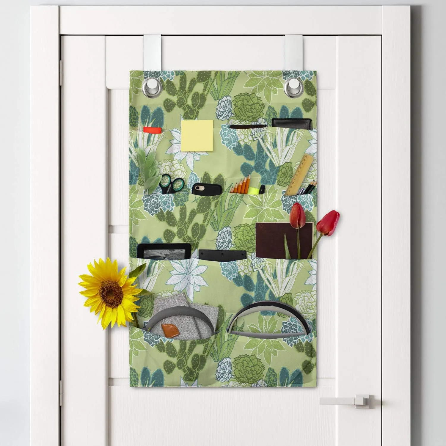 Ambesonne Succulent Hanging Pocket Organizer, Cactus Foliage Along House Plants Essence Blooms Fragrance Wildlife, Printed Polyester Storage Bag with Pockets, 21" x 31", Green and Turquoise