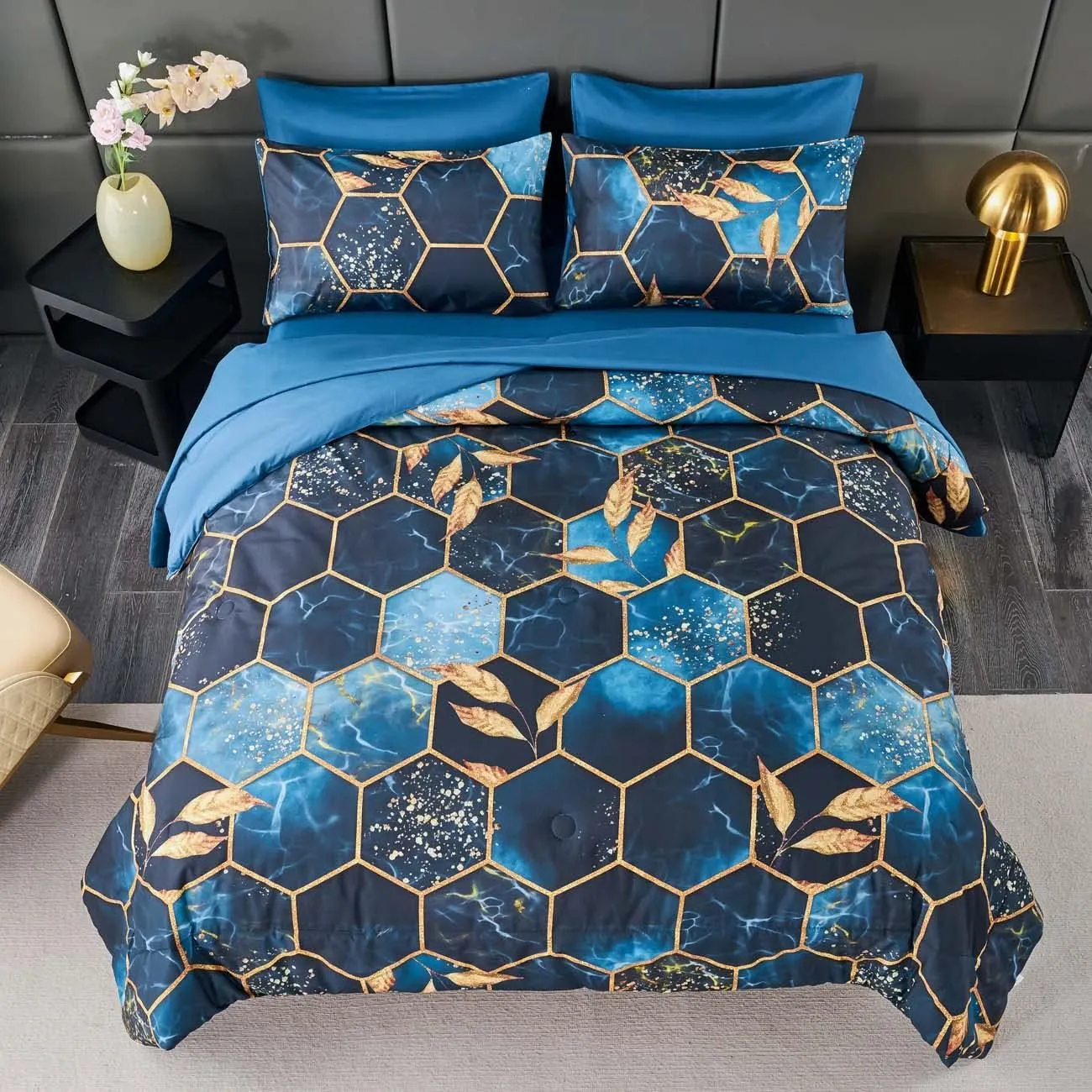 ANGIYUIN 7-Piece Blue Gold Marble Queen Bedding Set, Modern Steel Blue Foil Print with Matched Sheets