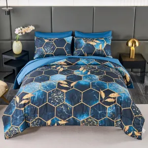 ANGIYUIN 7-Piece Blue Gold Marble Queen Bedding Set, Modern Steel Blue Foil Print with Matched Sheets