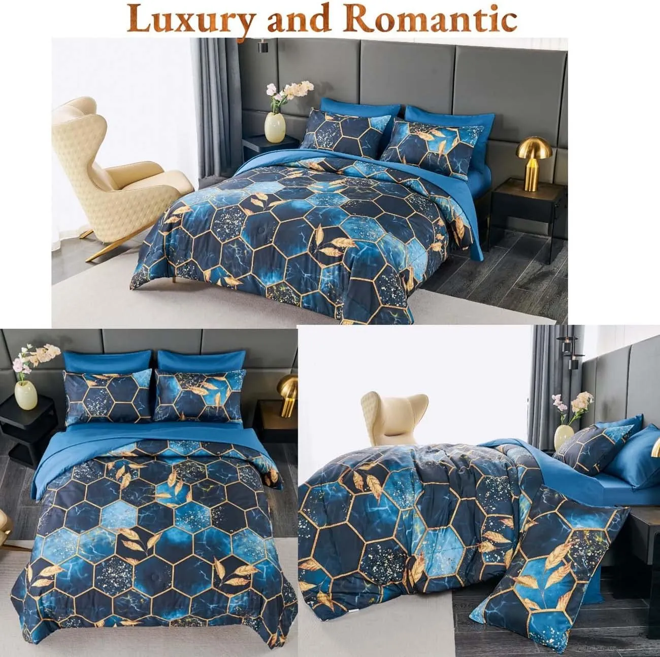 ANGIYUIN 7-Piece Blue Gold Marble Queen Bedding Set, Modern Steel Blue Foil Print with Matched Sheets