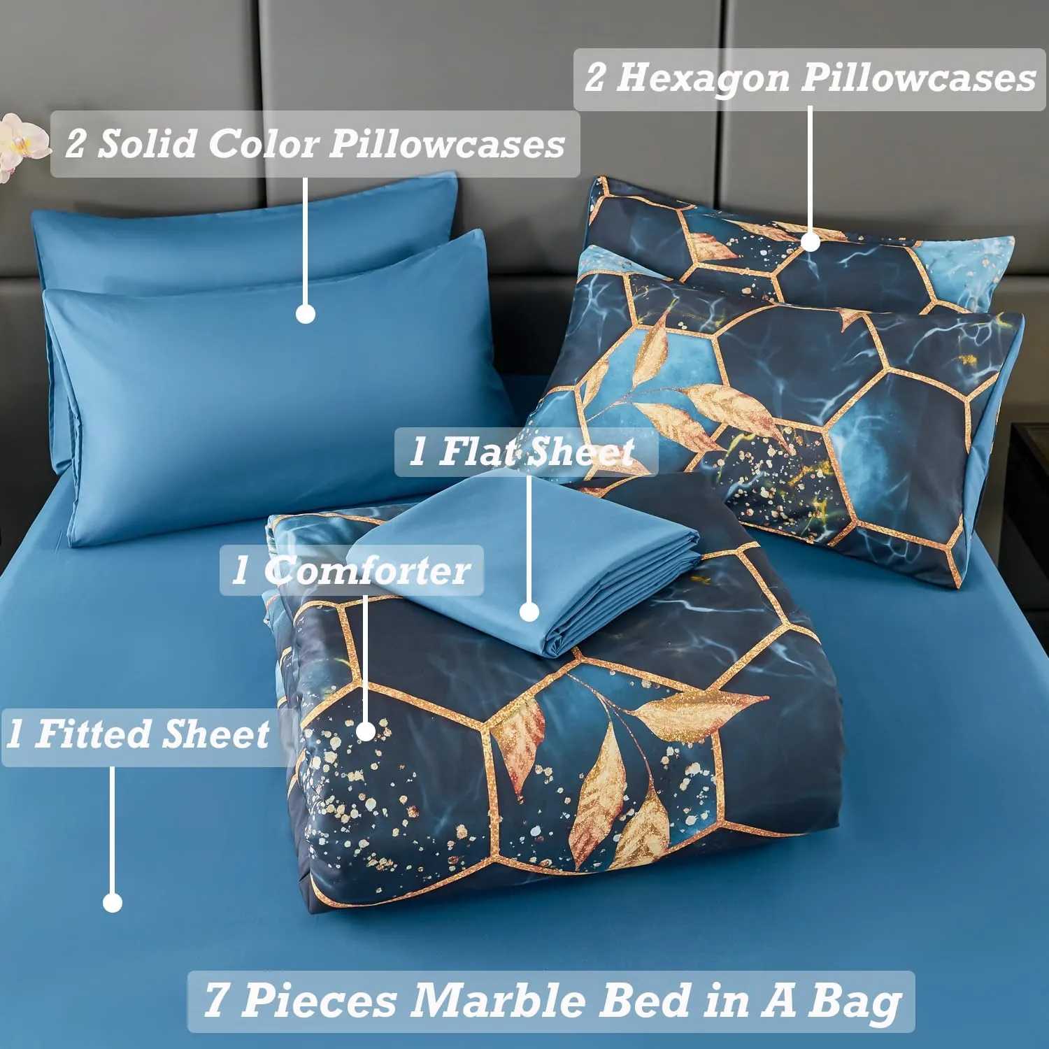 ANGIYUIN 7-Piece Blue Gold Marble Queen Bedding Set, Modern Steel Blue Foil Print with Matched Sheets