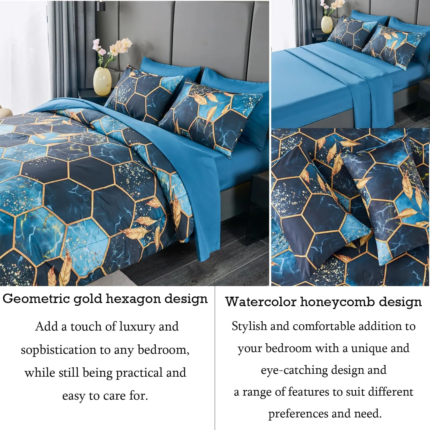 ANGIYUIN 7-Piece Blue Gold Marble Queen Bedding Set, Modern Steel Blue Foil Print with Matched Sheets