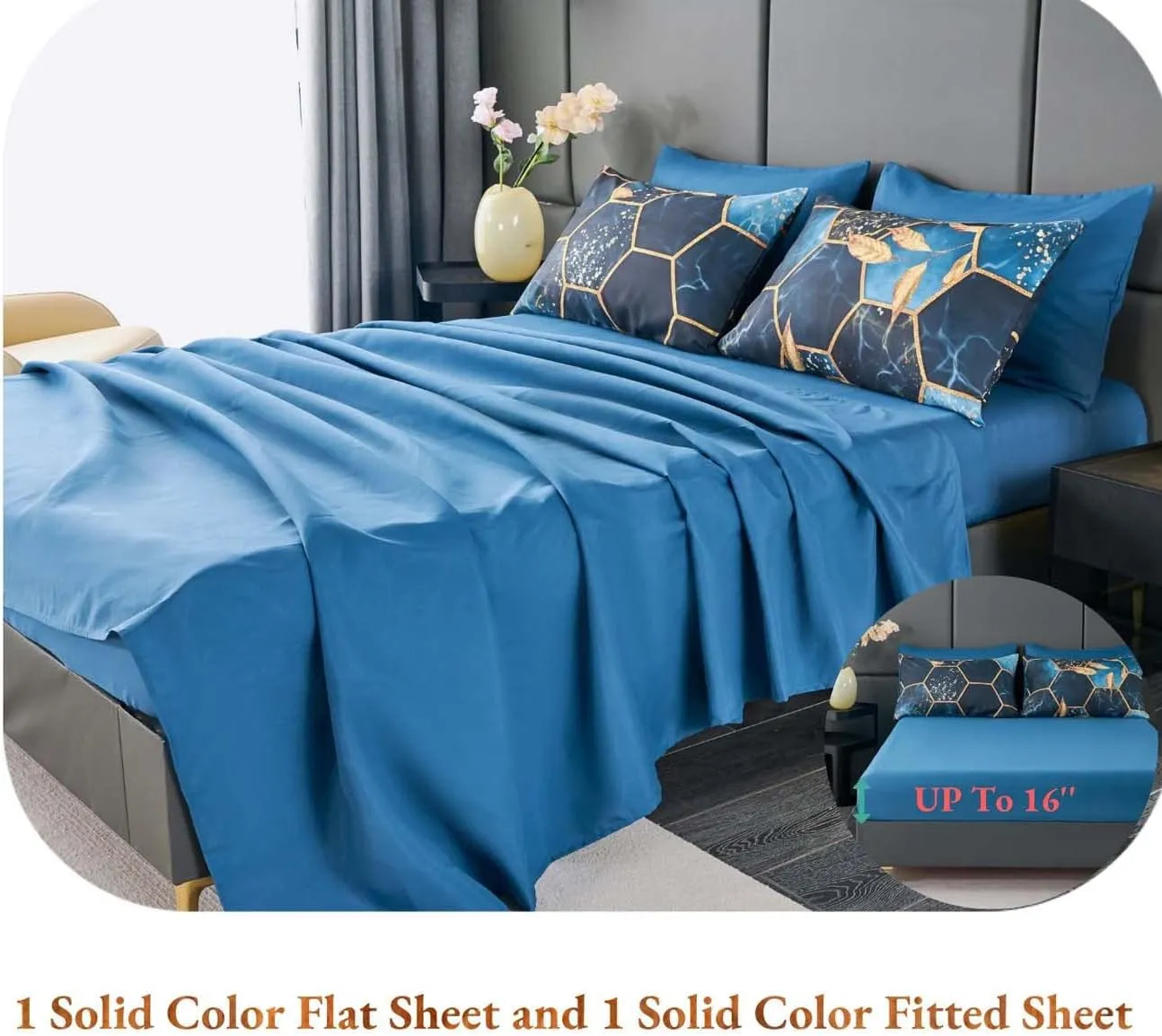 ANGIYUIN 7-Piece Blue Gold Marble Queen Bedding Set, Modern Steel Blue Foil Print with Matched Sheets