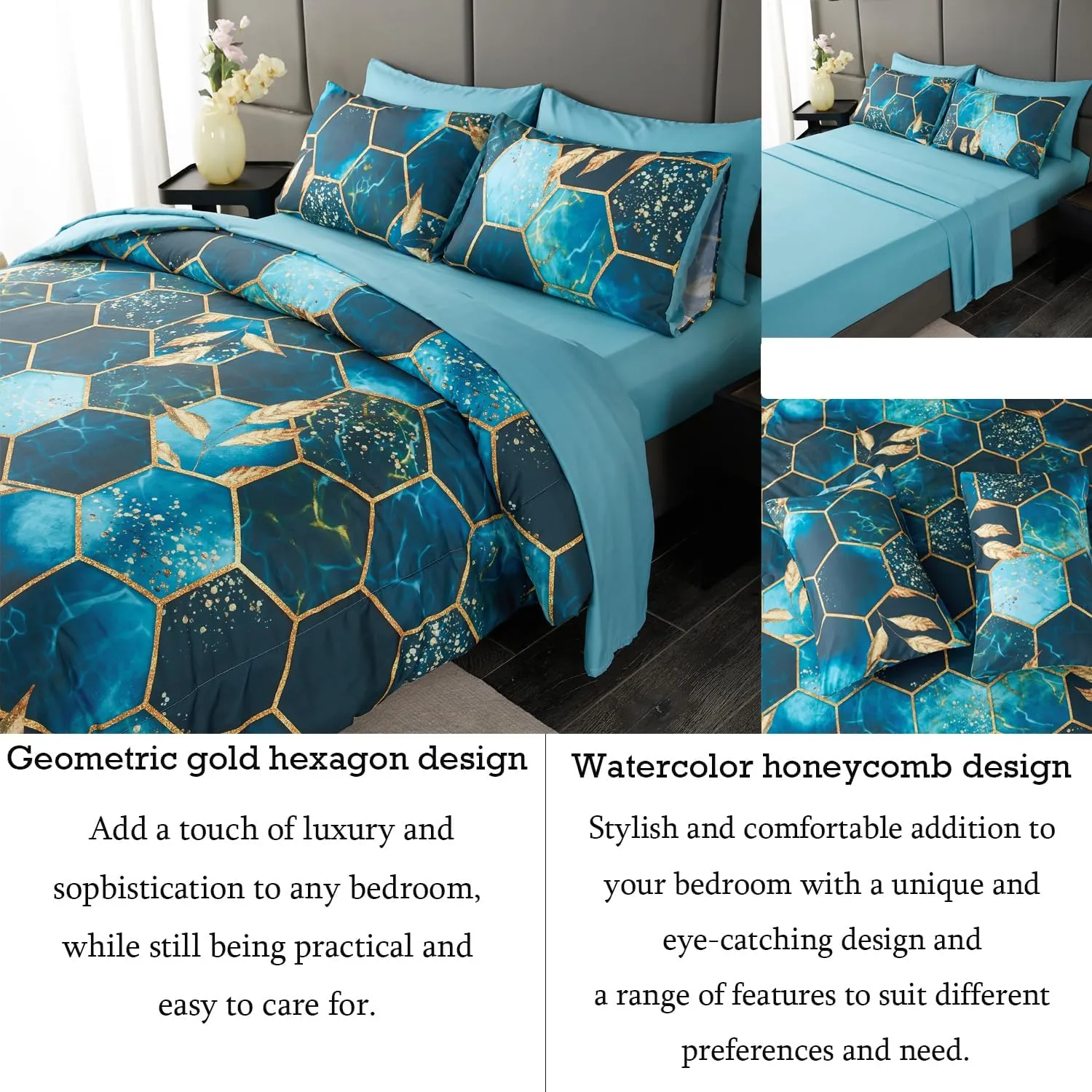 ANGIYUIN Teal Gold Bedding Set King Geometric Honeycomb Bedding Comforter Sets, 7Pcs Hexagon Watercolor Bed in A Bag, Marble Foil Print Bed Sets with Sheets Pillowcases (Teal King)