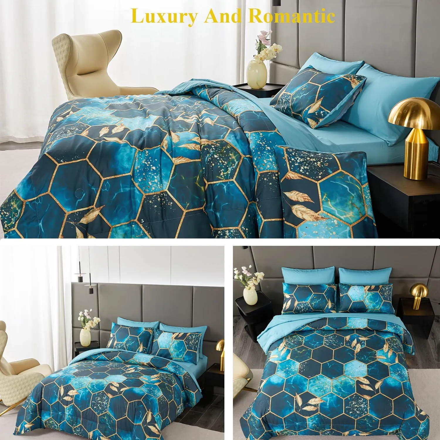 ANGIYUIN Teal Gold Bedding Set King Geometric Honeycomb Bedding Comforter Sets, 7Pcs Hexagon Watercolor Bed in A Bag, Marble Foil Print Bed Sets with Sheets Pillowcases (Teal King)