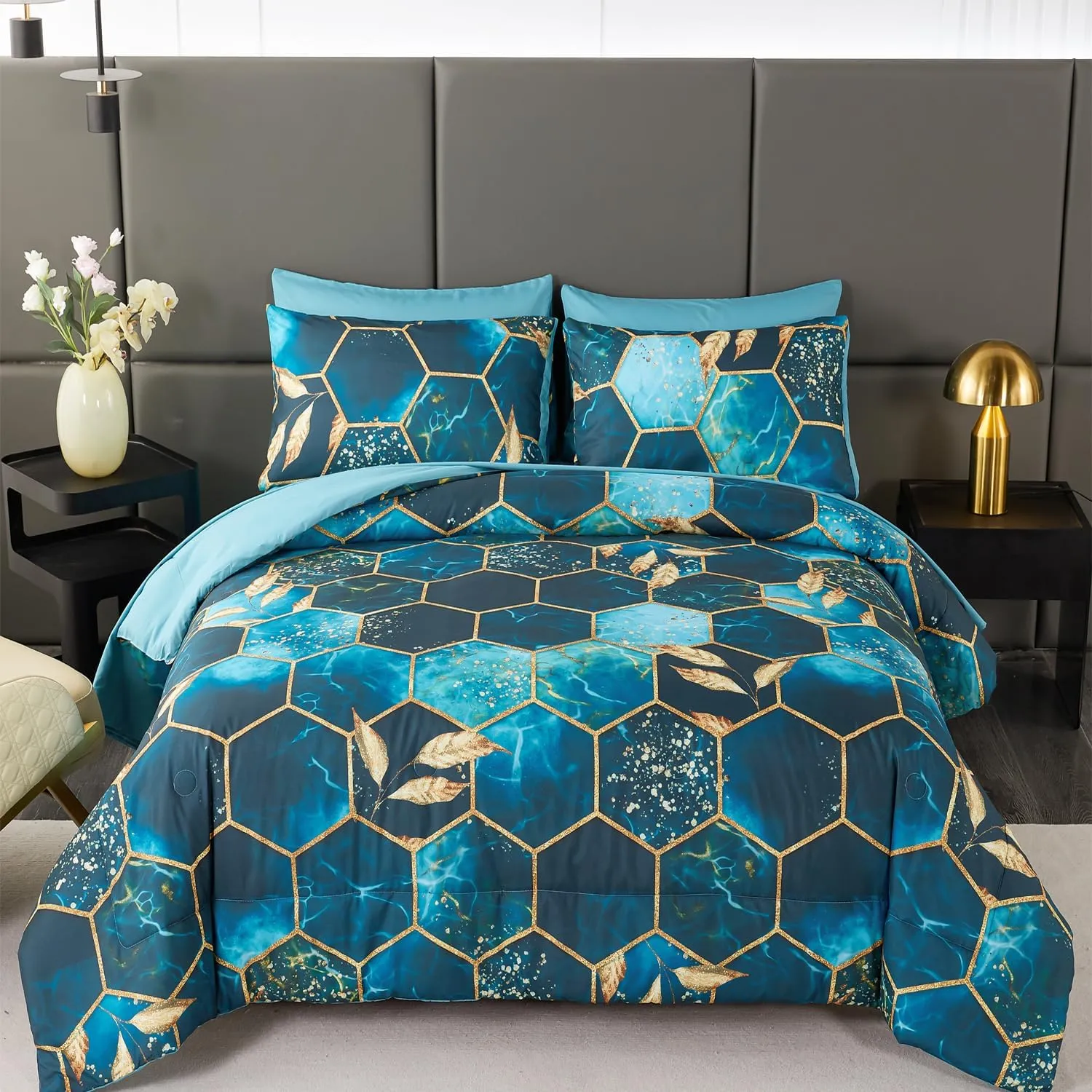 ANGIYUIN Teal Gold Bedding Set King Geometric Honeycomb Bedding Comforter Sets, 7Pcs Hexagon Watercolor Bed in A Bag, Marble Foil Print Bed Sets with Sheets Pillowcases (Teal King)