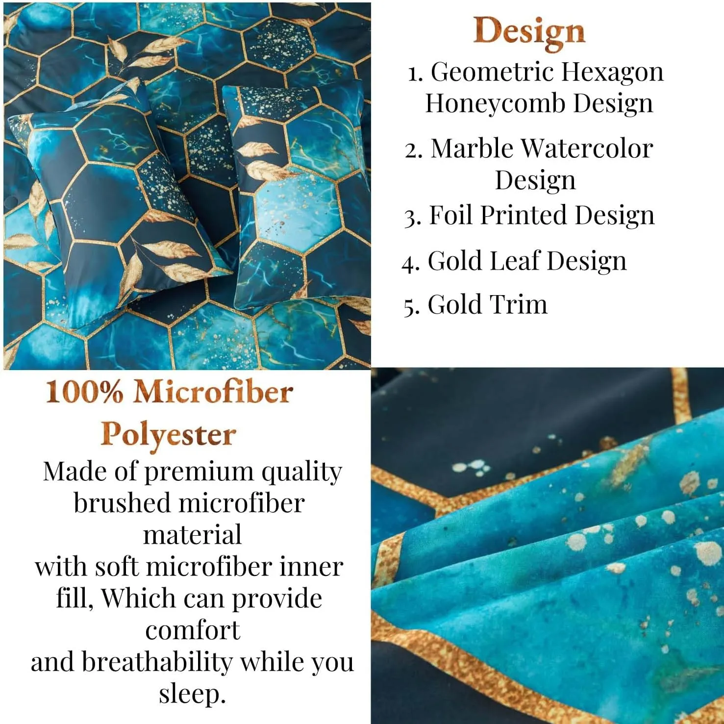 ANGIYUIN Teal Gold Bedding Set King Geometric Honeycomb Bedding Comforter Sets, 7Pcs Hexagon Watercolor Bed in A Bag, Marble Foil Print Bed Sets with Sheets Pillowcases (Teal King)