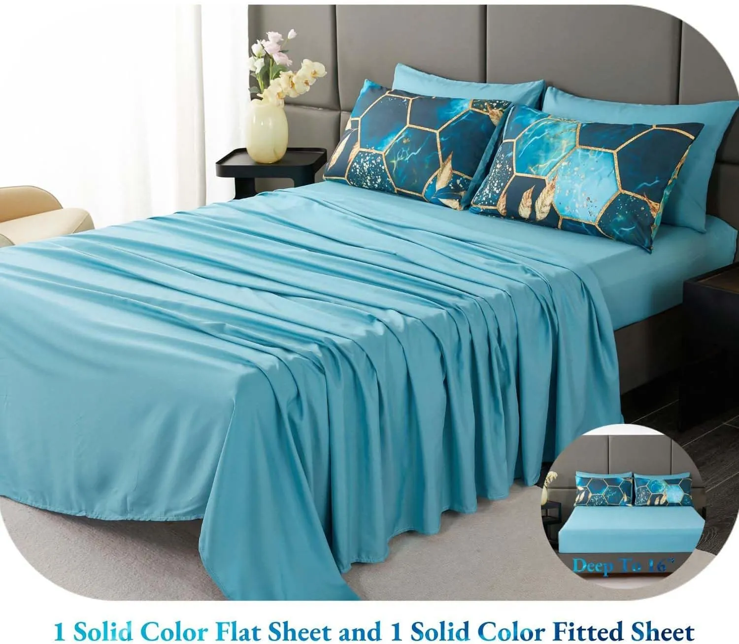 ANGIYUIN Teal Gold Bedding Set King Geometric Honeycomb Bedding Comforter Sets, 7Pcs Hexagon Watercolor Bed in A Bag, Marble Foil Print Bed Sets with Sheets Pillowcases (Teal King)