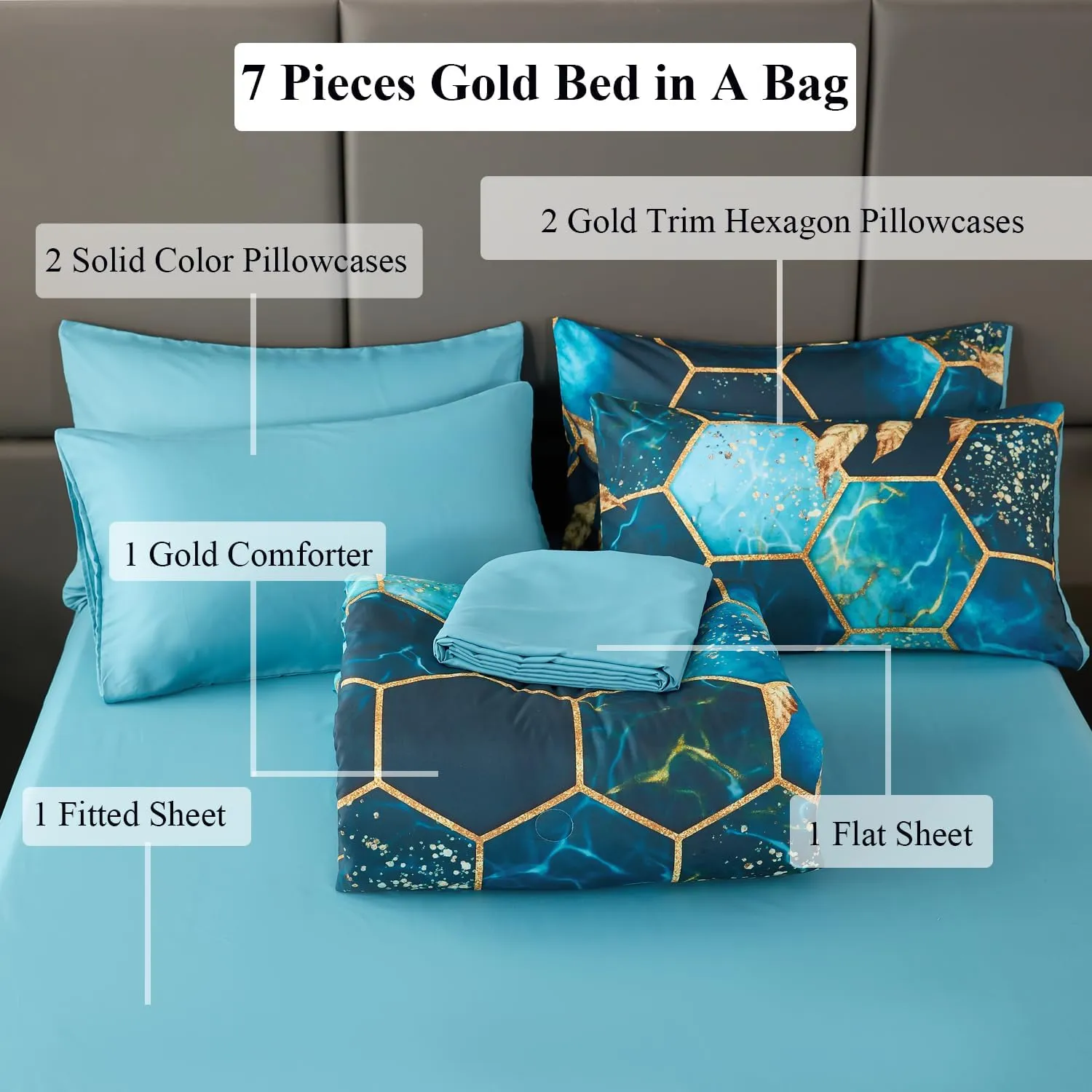 ANGIYUIN Teal Gold Bedding Set King Geometric Honeycomb Bedding Comforter Sets, 7Pcs Hexagon Watercolor Bed in A Bag, Marble Foil Print Bed Sets with Sheets Pillowcases (Teal King)