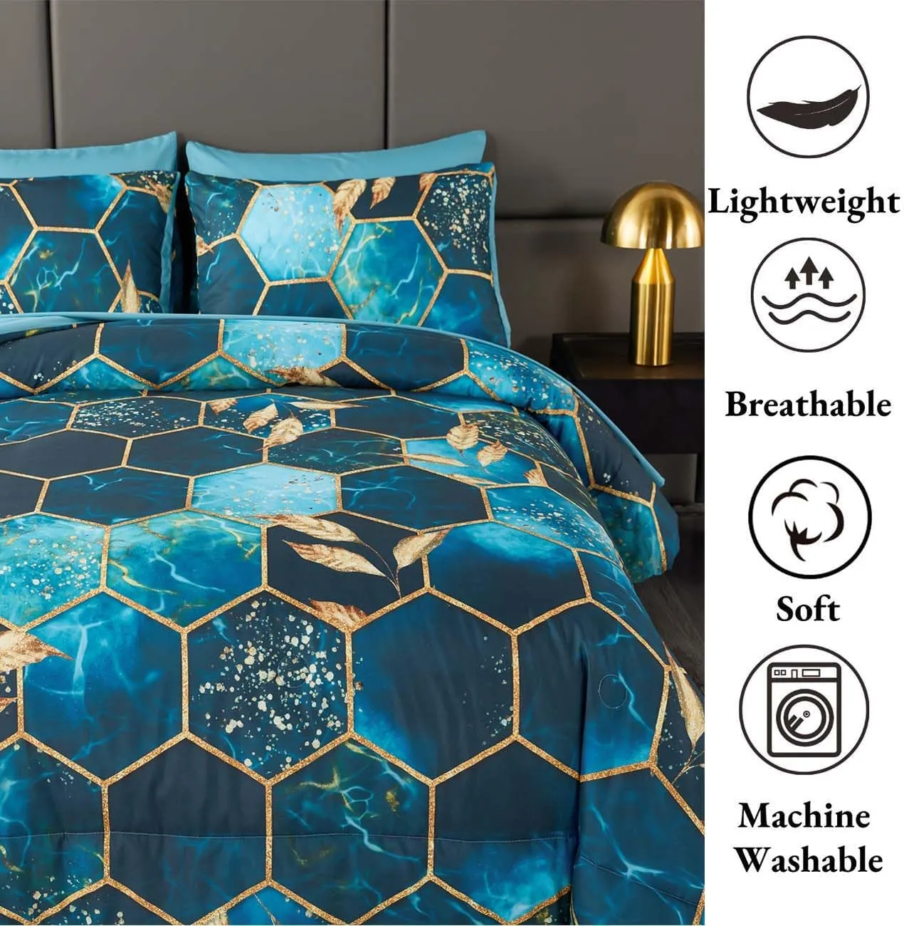 ANGIYUIN Teal Gold Bedding Set King Geometric Honeycomb Bedding Comforter Sets, 7Pcs Hexagon Watercolor Bed in A Bag, Marble Foil Print Bed Sets with Sheets Pillowcases (Teal King)