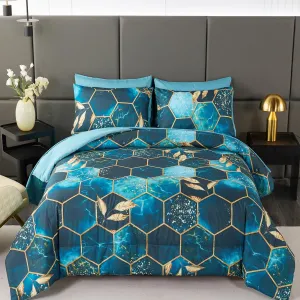 ANGIYUIN Teal Gold Bedding Set King Geometric Honeycomb Bedding Comforter Sets, 7Pcs Hexagon Watercolor Bed in A Bag, Marble Foil Print Bed Sets with Sheets Pillowcases (Teal King)