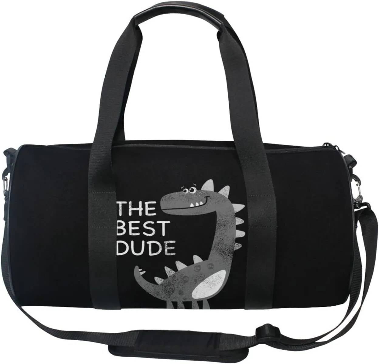 Animal Dinosaur The Best Dude on Black Dark Duffel Bag, Foldable Canvas Travel Tote for Gym Sports with Inner Pockets, Durable Lightweight Fitness Bag for Overnight Workout