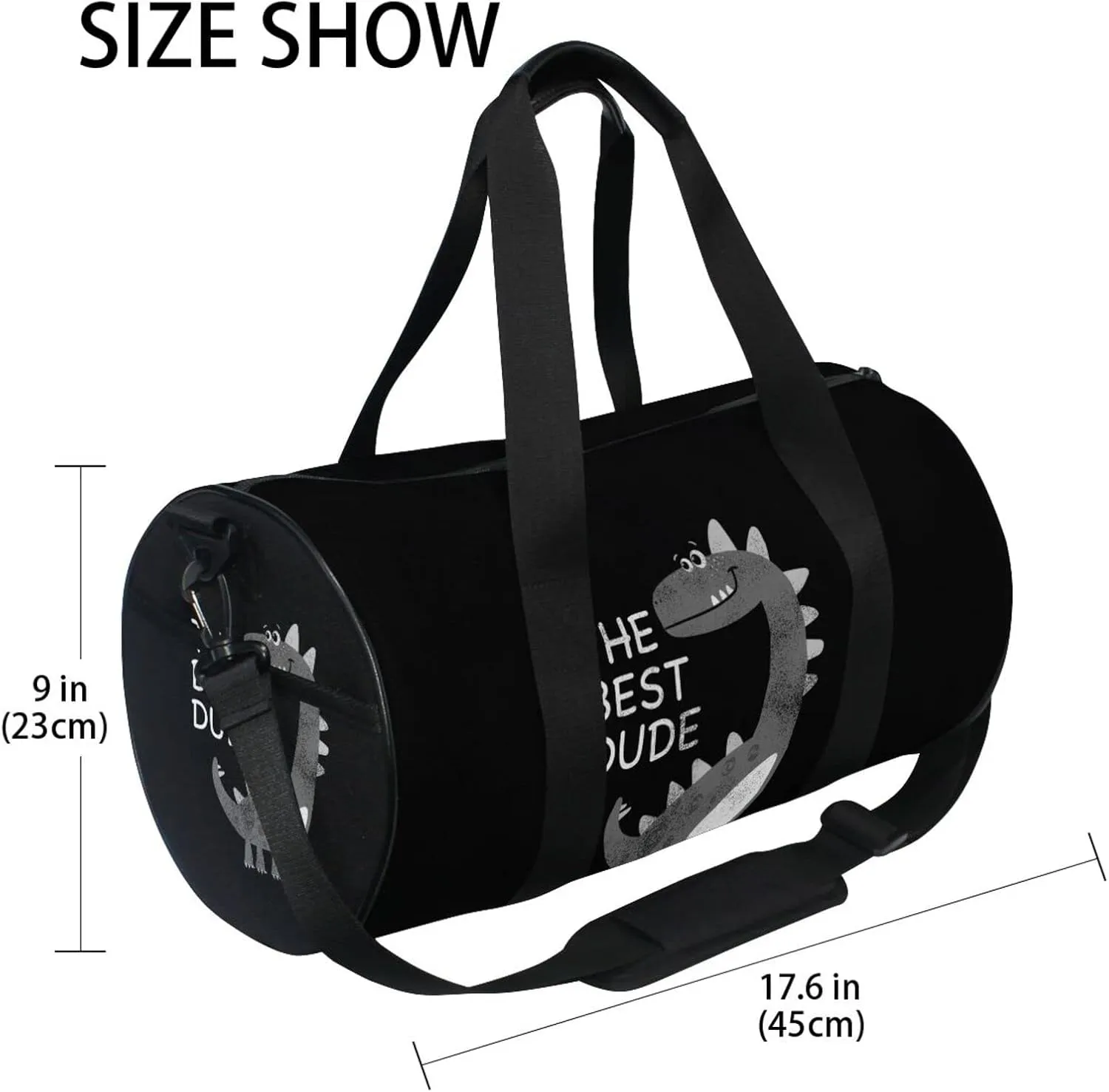 Animal Dinosaur The Best Dude on Black Dark Duffel Bag, Foldable Canvas Travel Tote for Gym Sports with Inner Pockets, Durable Lightweight Fitness Bag for Overnight Workout